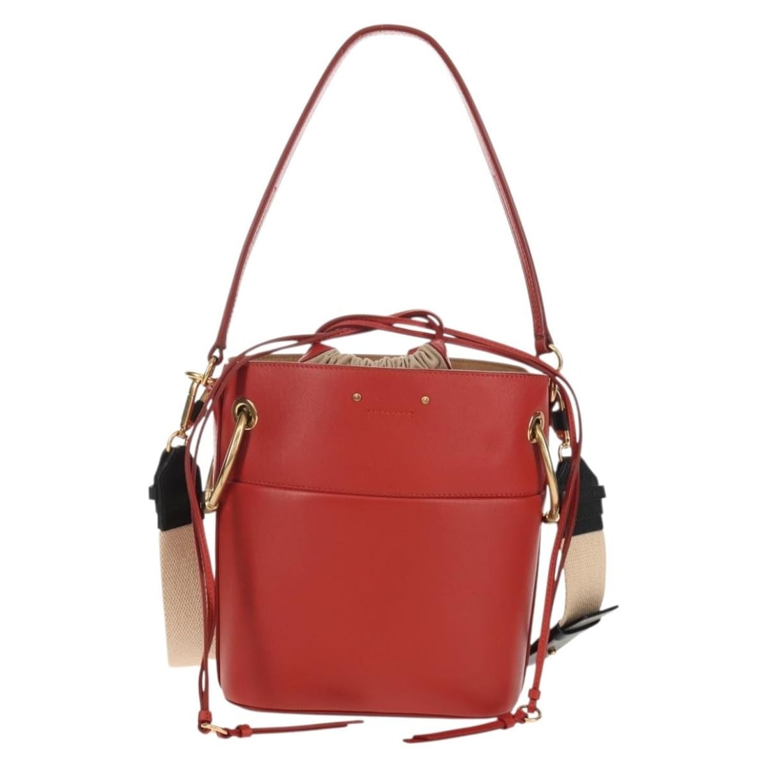 Chloe Roy Red Leather Mini Bucket Shoulder Bag: Chloe Roy Red Leather Mini Bucket Shoulder Bag The Chloe Roy Bucket Bag is crafted from red leather and designed for women. This pre-owned bag is in very good condition, with slight rubbing on the sur
