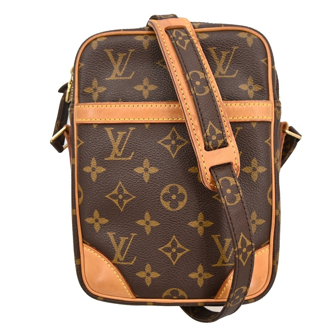 Louis Vuitton Danube Monogram Shoulder Bag M45266 Brown Leather Crossbody: Louis Vuitton Danube Monogram Shoulder Bag M45266 Brown Leather Crossbody This Louis Vuitton Danube shoulder bag features the iconic Monogram canvas leather exterior with brown leather trim and accent