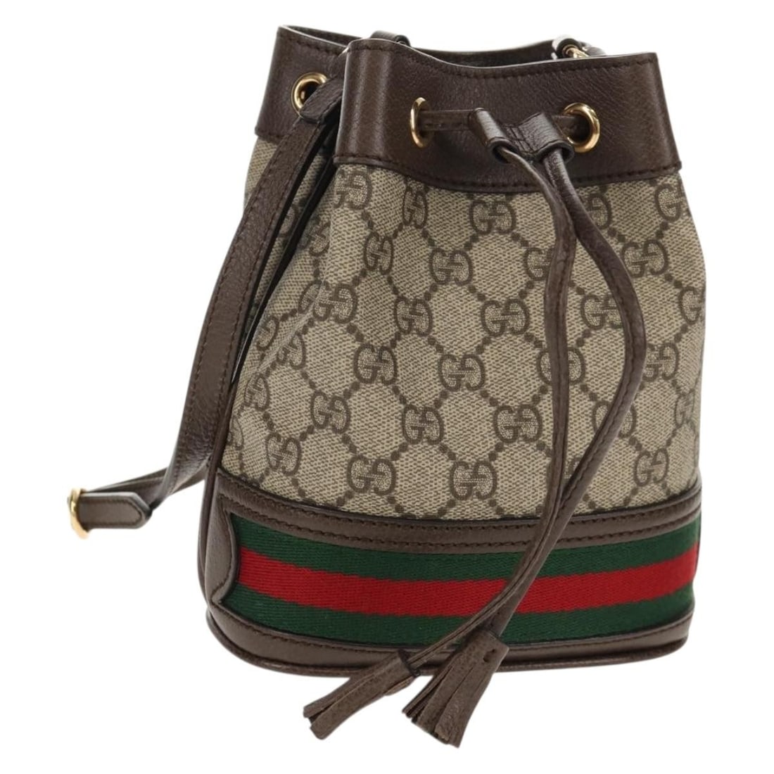 GUCCI GG Supreme Mini Bucket Bag PVC Beige Gold Auth 550620: GUCCI GG Supreme Mini Bucket Bag PVC Beige Gold Auth 550620 Introducing the GUCCI GG Supreme Web Sherry Offdia Mini Bucket Bag, a stylish shoulder bag crafted from durable PVC leather with a luxurious