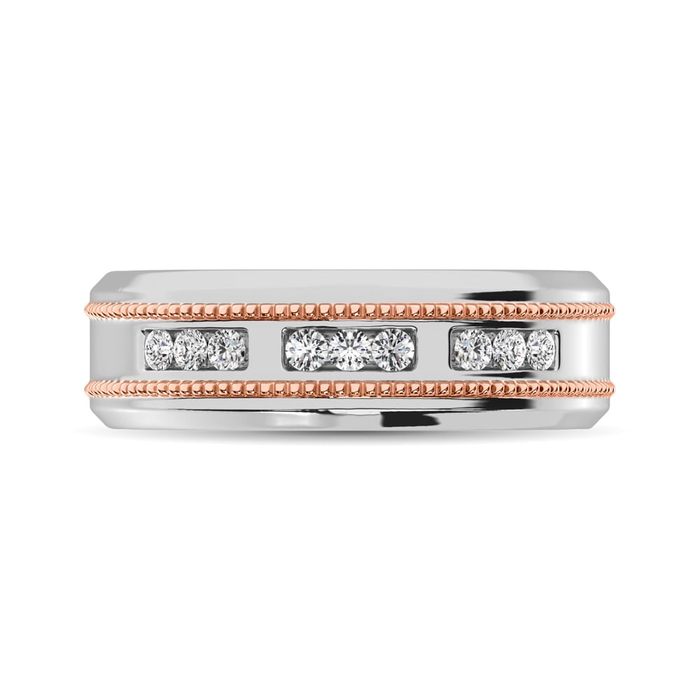14K White Gold 1/4 Ct.Tw. Diamond Milgrain finish Mens Band: 14K White Gold 1/4 Ct.Tw. Diamond Milgrain finish Mens Band Surprise the love of your life with a 14K white gold diamond Wedding Ring band he will cherish and adore. Floating within channel setting, b