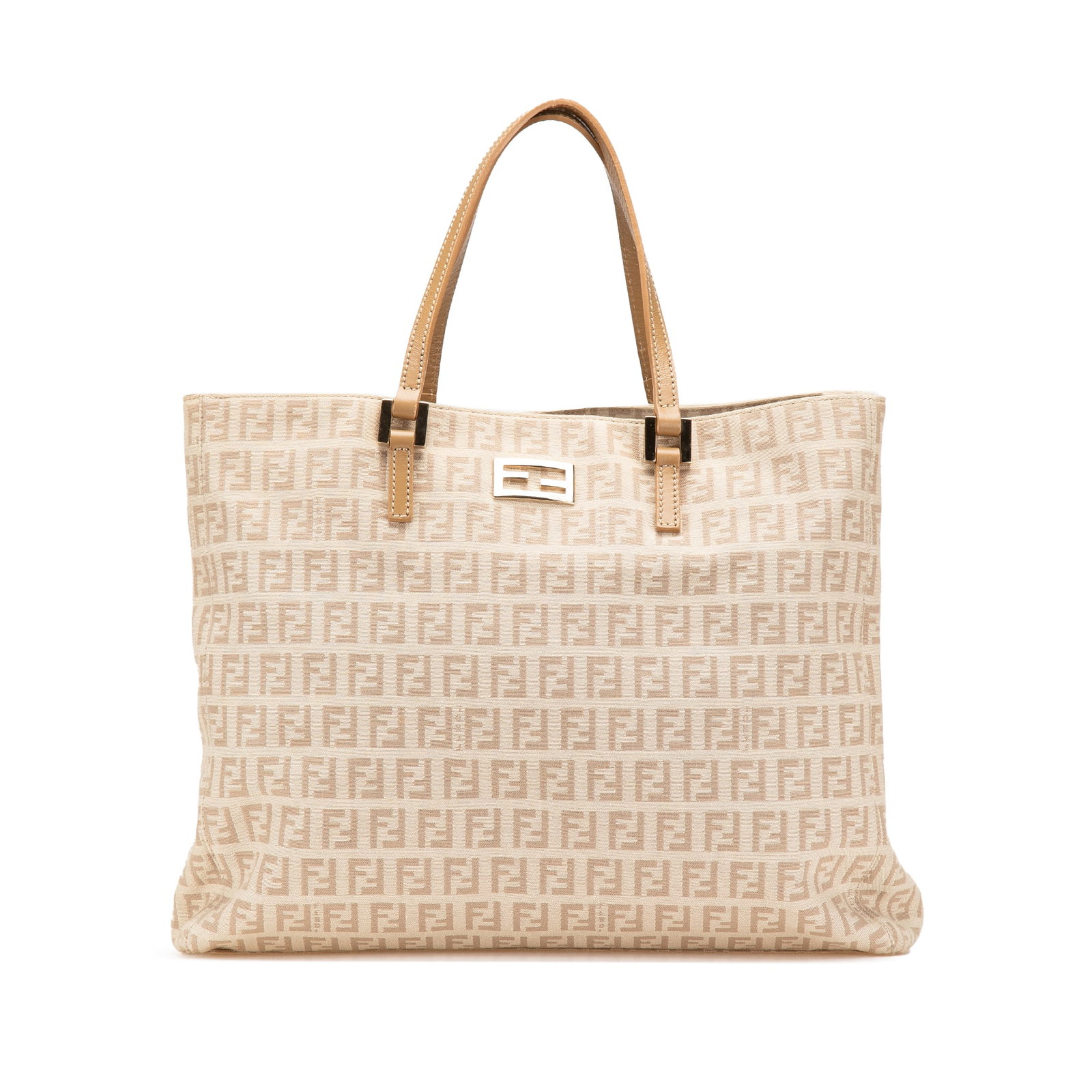 Fendi Brown Zucchino Canvas Tote Bag with Leather Handles: Fendi Brown Zucchino Canvas Tote Bag with Leather Handles This Fendi Zucchino Canvas Tote features a brown fabric body with the iconic Zucchino pattern, flat leather straps, an open top, and an interi