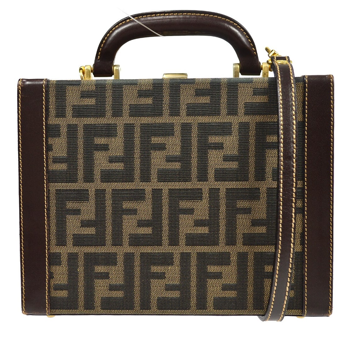 Fendi Zucca Brown Canvas Leather 2way Vanity Handbag with Detachable Strap: Fendi Zucca Brown Canvas Leather 2way Vanity Handbag with Detachable Strap This Fendi 2way Vanity Handbag features a stylish brown canvas leather exterior adorned with the iconic Fendi Zucca pattern.