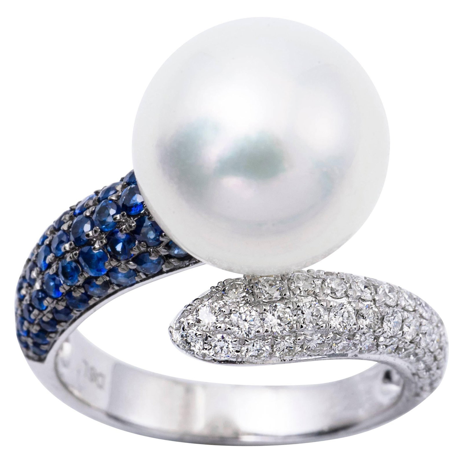 Harbor Diamonds 18K White Gold South Sea Pearl Sapphire Diamond Ring: Harbor Diamonds 18K White Gold South Sea Pearl Sapphire Diamond Ring This stunning South Sea Pearl, Sapphire, and Diamond Bypass Cocktail Ring beautifully showcases a contemporary design. Crafted from