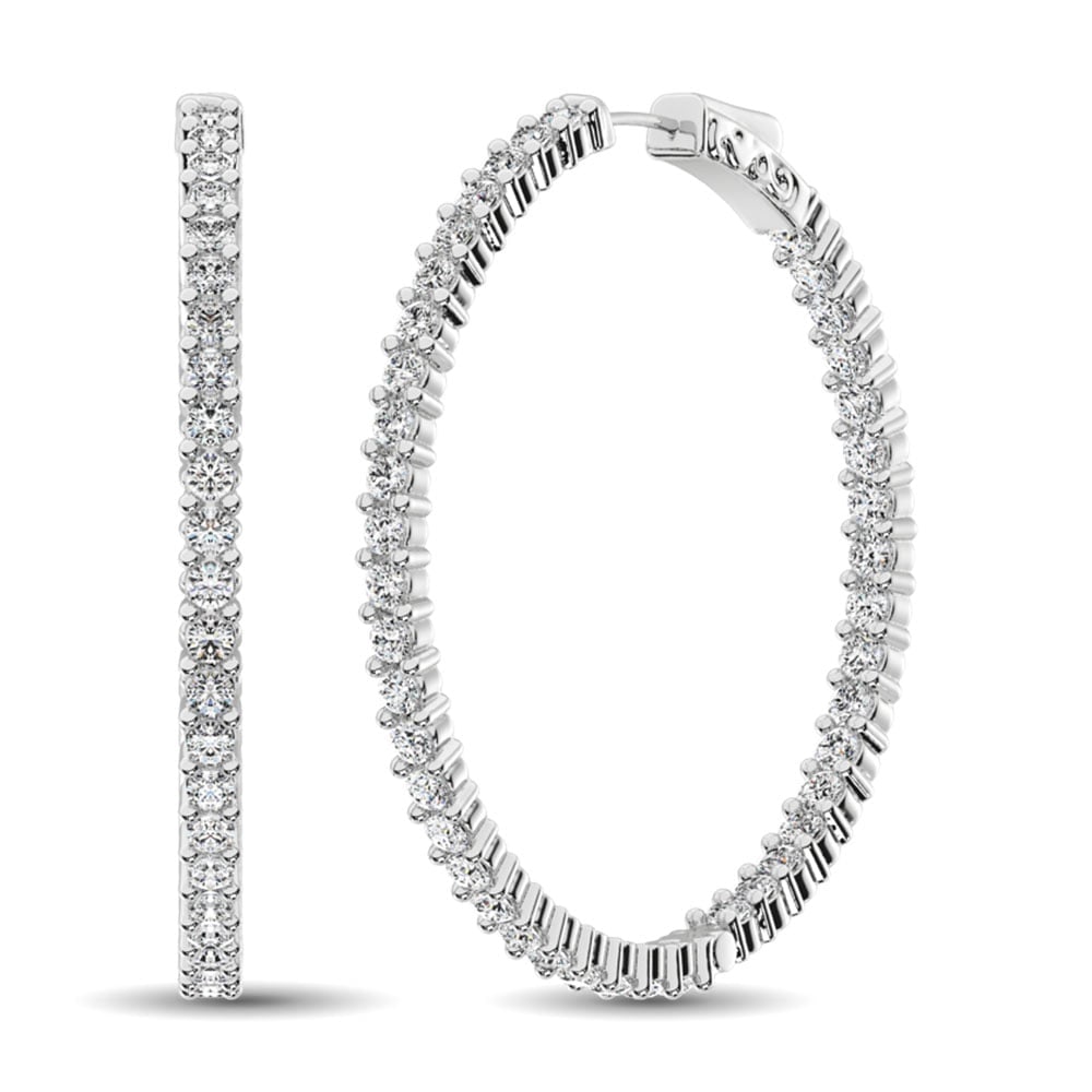 14K White Gold Diamond 2 2/5 Ct.Tw. In and Out Hoop Earrings: 14K White Gold Diamond 2 2/5 Ct.Tw. In and Out Hoop Earrings These stunning earrings are available in 14K White Gold. There are 42 round diamonds with a total carat weight of 2 2/5 Ct.Tw. set in a Pro