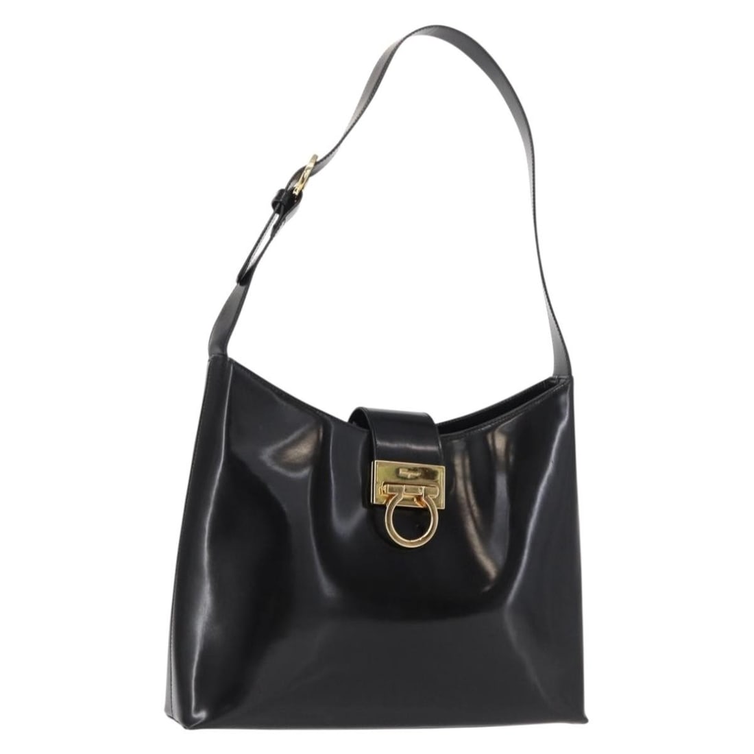 Black Leather Shoulder Bag by Salvatore Ferragamo Gancini: Black Leather Shoulder Bag by Salvatore Ferragamo Gancini This Salvatore Ferragamo Gancini shoulder bag for women features black leather construction with a classic design. It shows signs of use inclu