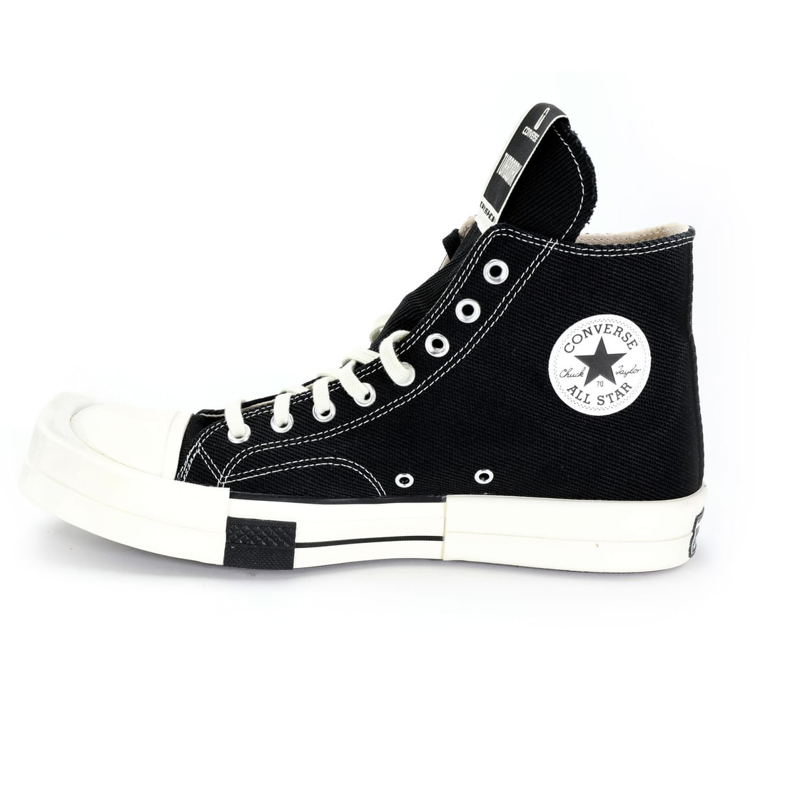 Converse Chuck 70 Hi Drkshdw Black Sneakers 11.5 UK: Converse Chuck 70 Hi Drkshdw Black Sneakers 11.5 UK Elevate your sneaker game with the Converse All Star Chuck 70 Hi, a collaboration with designer Rick Owens. This stylish black sneaker, part of the