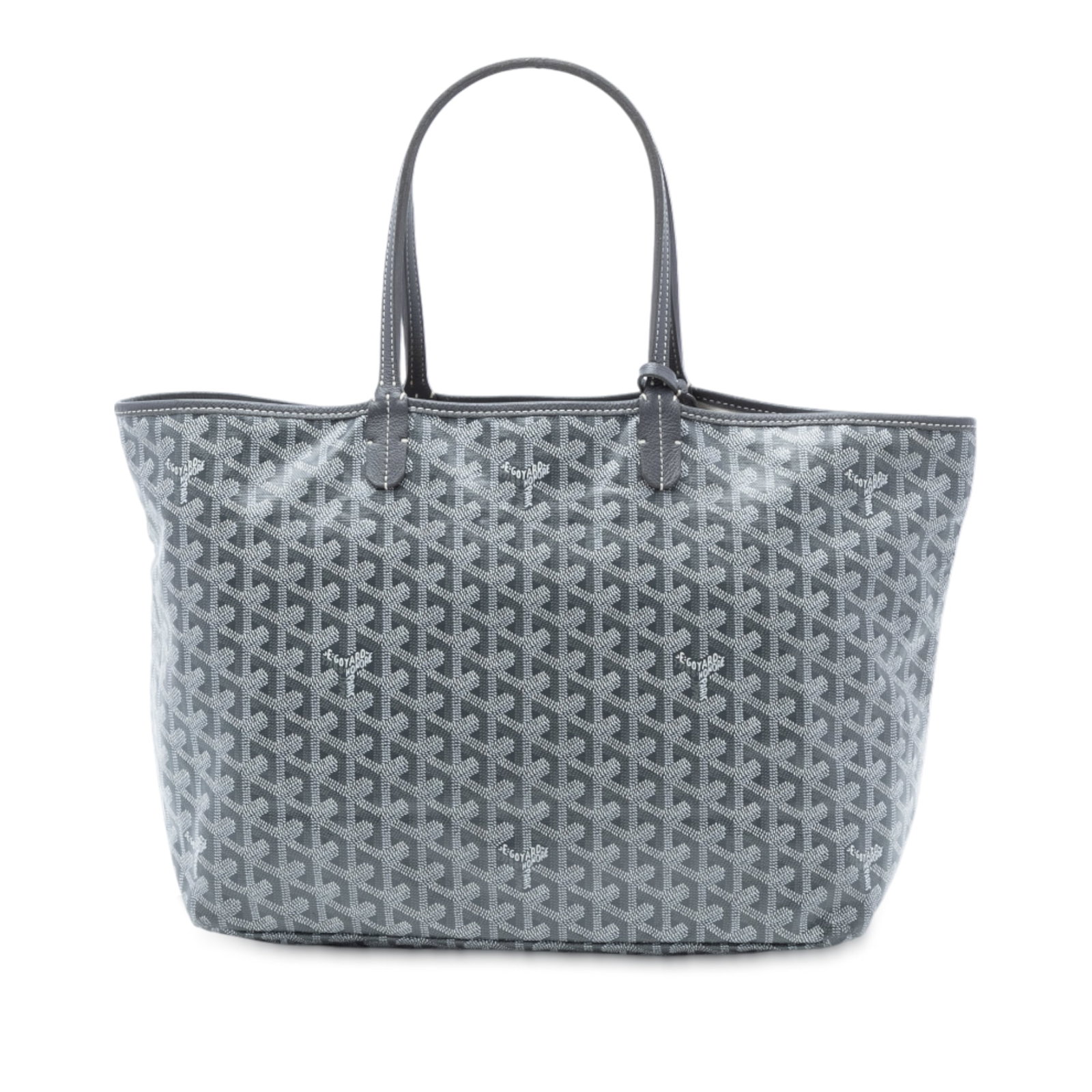 Goyard Saint Louis PM Gray Coated Canvas Tote with Pouch: Goyard Saint Louis PM Gray Coated Canvas Tote with Pouch This Saint Louis PM bag features a coated canvas body with flat leather straps, an open top, and includes an interior pouch. The bag is gray in