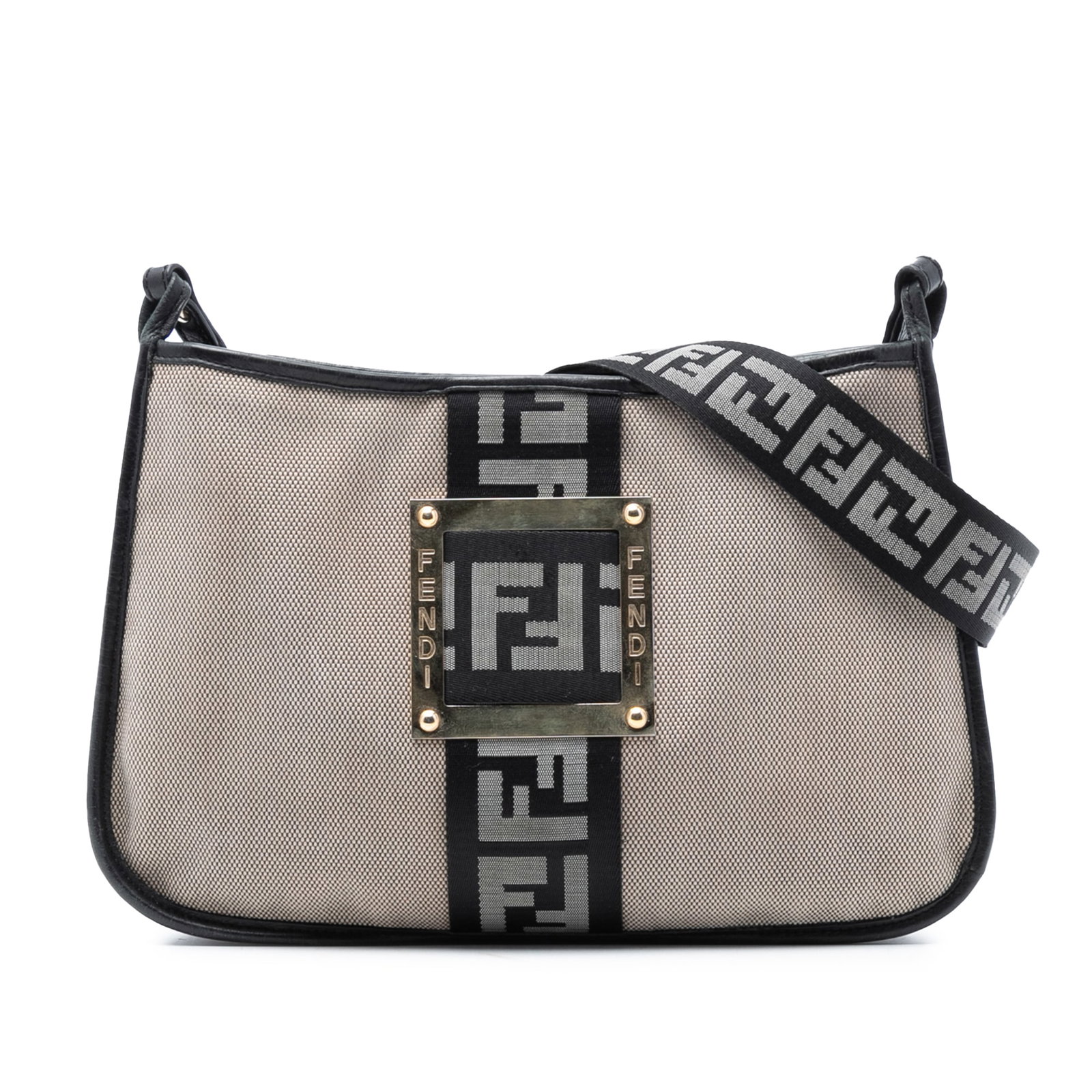 Fendi Zucca Pattern Canvas Crossbody Bag with Leather Trim: Fendi Zucca Pattern Canvas Crossbody Bag with Leather Trim The Fendi Canvas Zucca Crossbody is crafted from canvas with leather trim and features a flat canvas strap. It offers a compartment with zip