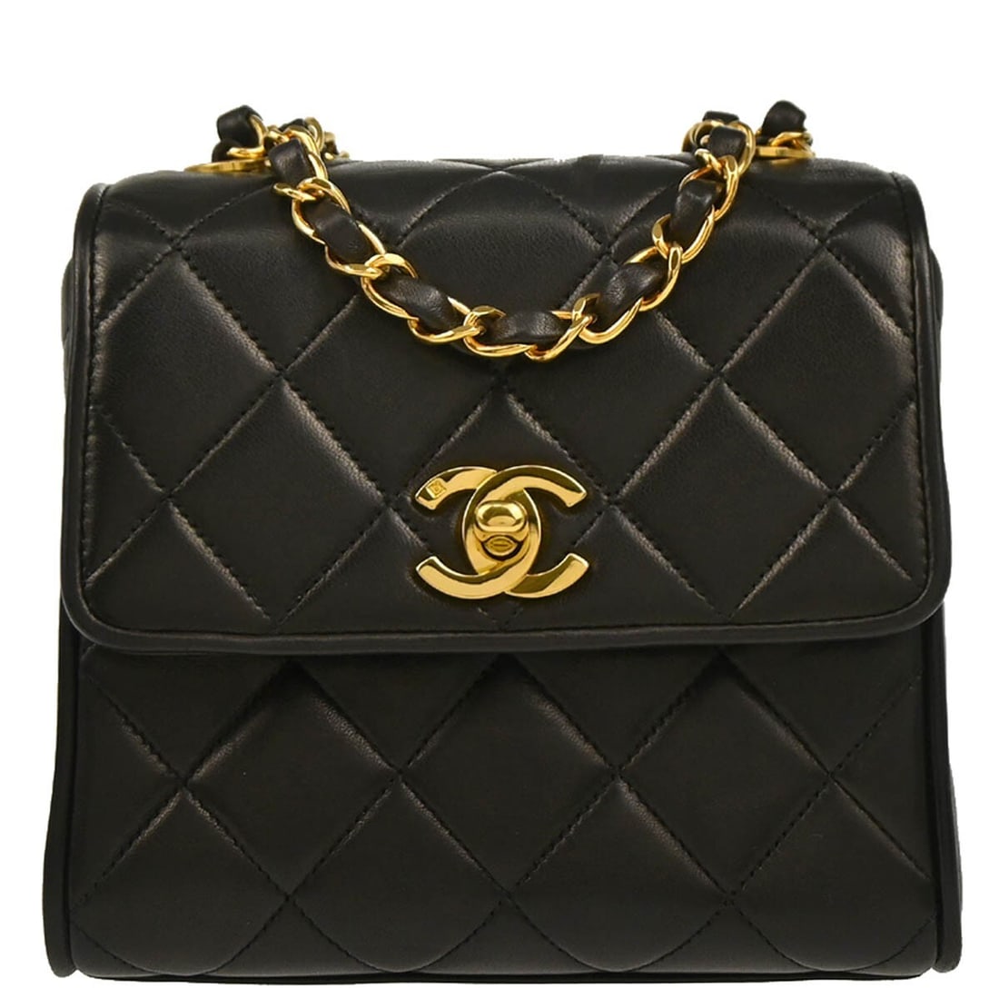 Chanel Black Lambskin Matelasse Shoulder Bag with Chain Strap: Chanel Black Lambskin Matelasse Shoulder Bag with Chain Strap This elegant Chanel shoulder bag features a classic matelasse pattern crafted from luxurious black lambskin leather. With a small yet func