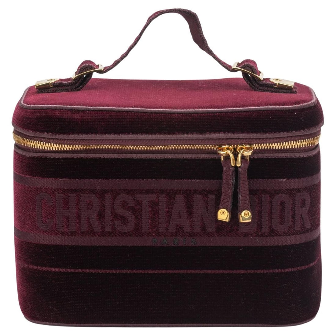 Christian Dior Burgundy Velvet Travel Bag with Golden Details: Christian Dior Burgundy Velvet Travel Bag with Golden Details Introducing the Dior New Travel Velvet Bag in a stunning deep burgundy hue, perfect for your travel or cosmetic needs. This spacious bag f