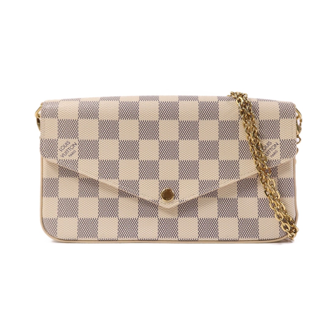Louis Vuitton Felicie Pochette Damier Azur White Shoulder Bag N40491: Louis Vuitton Felicie Pochette Damier Azur White Shoulder Bag N40491 This Louis Vuitton Felicie Pochette shoulder bag features the iconic Damier Azur pattern on white PVC coated canvas. The bag includ