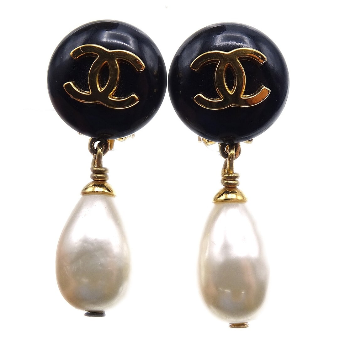 Chanel 97A Black Gold Dangle Clip-On Earrings with Artificial Pearls (1 of 4)