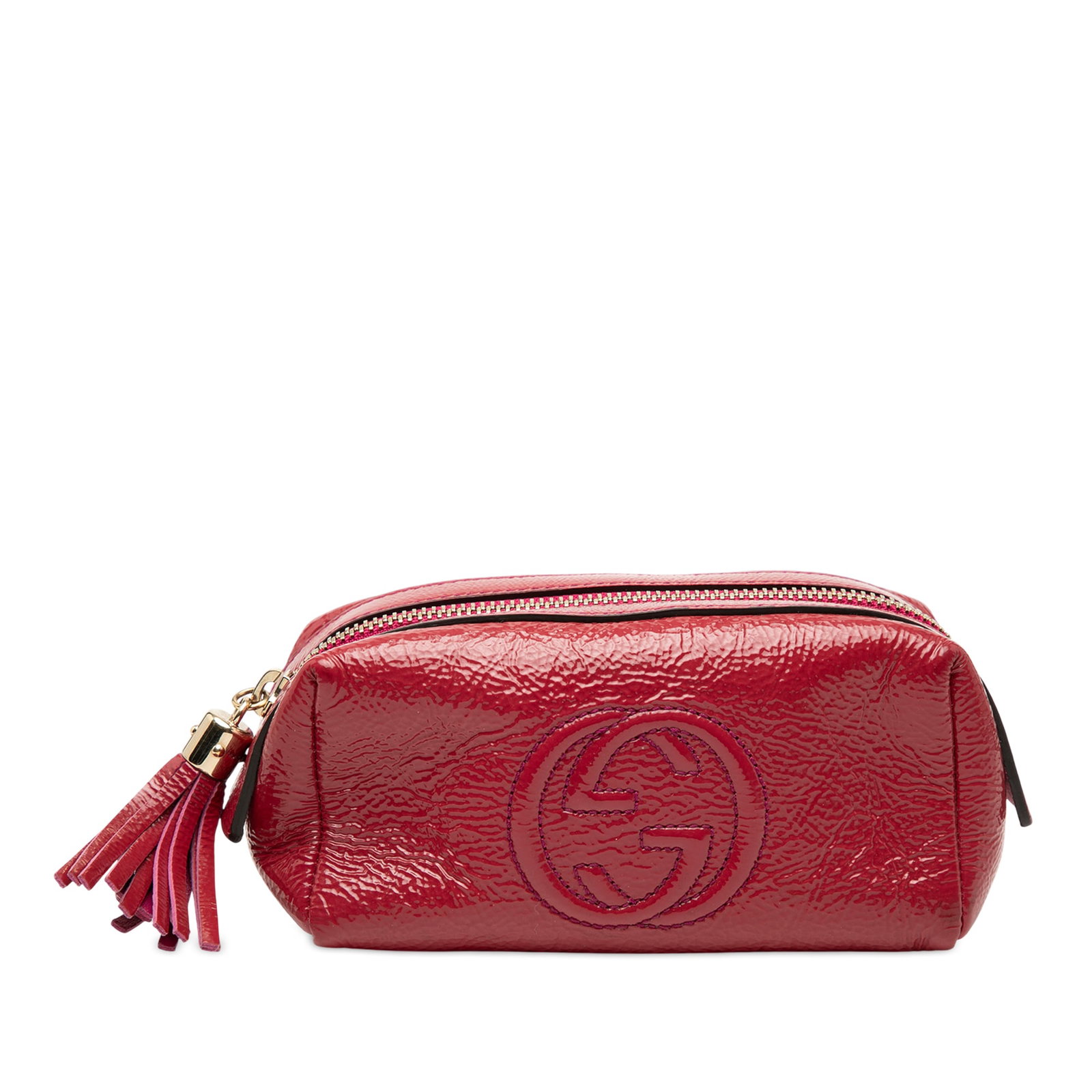 Gucci Soho Pink Patent Leather Cosmetic Bag with Zip Closure: Gucci Soho Pink Patent Leather Cosmetic Bag with Zip Closure This Gucci Soho Cosmetic Pouch features a pink patent leather body with a top zip closure. The exterior shows some staining and wear on the