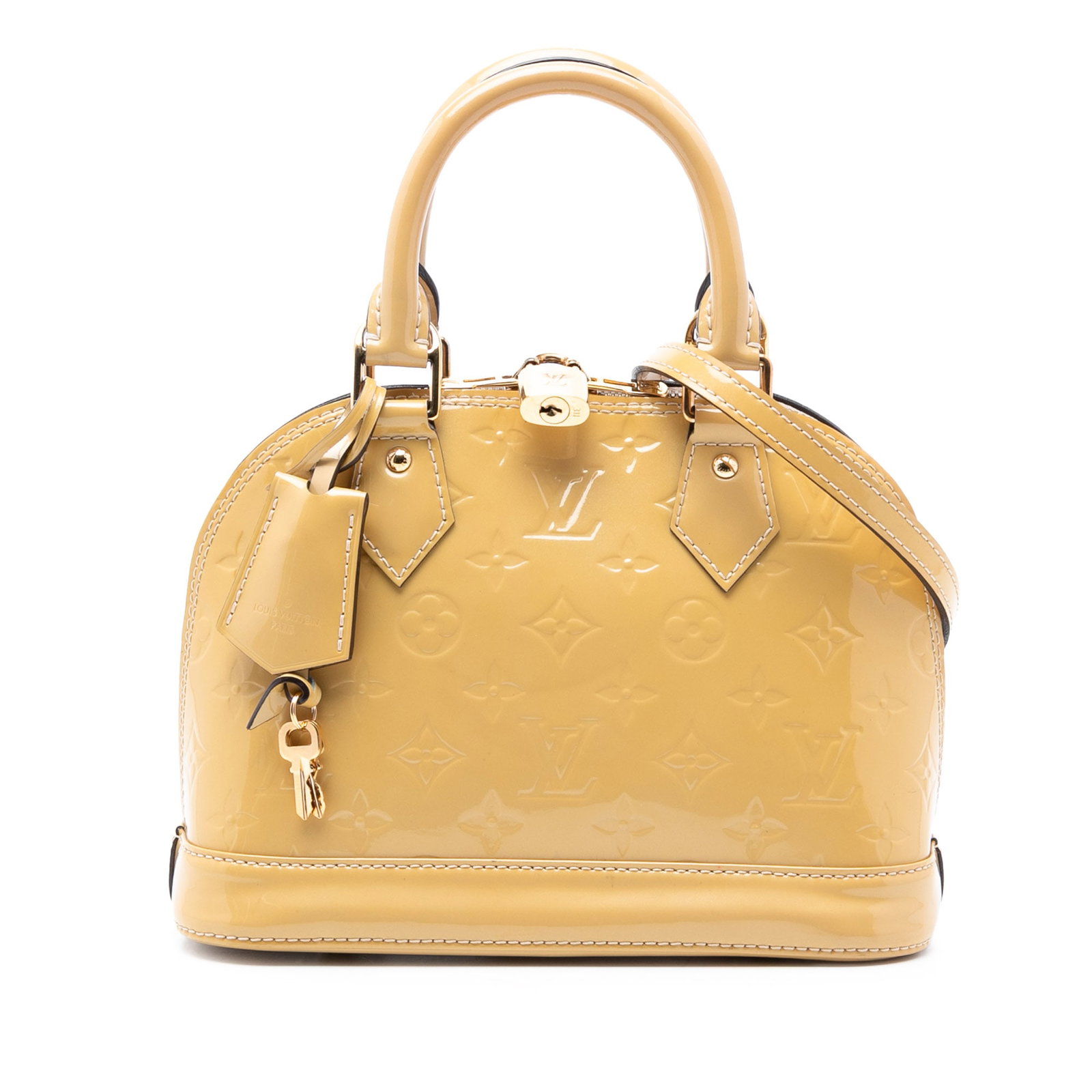 Gold Vernis Leather Alma BB Crossbody Bag by Louis Vuitton: Gold Vernis Leather Alma BB Crossbody Bag by Louis Vuitton The Louis Vuitton Monogram Vernis Alma BB is crafted from vernis leather and features rolled leather handles, a detachable flat leather strap