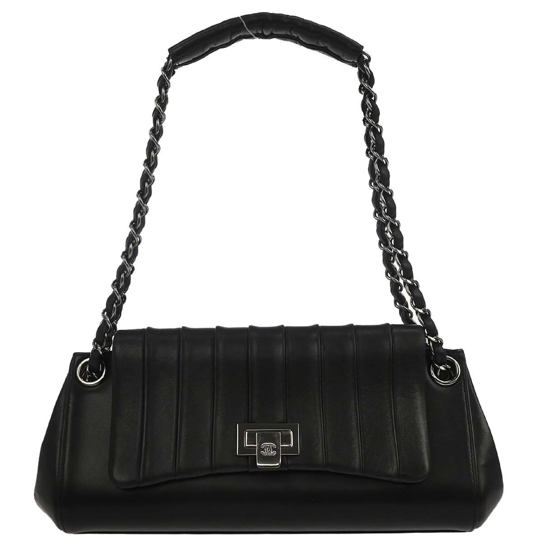 Chanel Mademoiselle Medium Black Lambskin Top Handle Bag: Chanel Mademoiselle Medium Black Lambskin Top Handle Bag This Chanel Mademoiselle handbag features luxurious black lambskin leather and is designed in a medium size with a top handle style. The bag sh