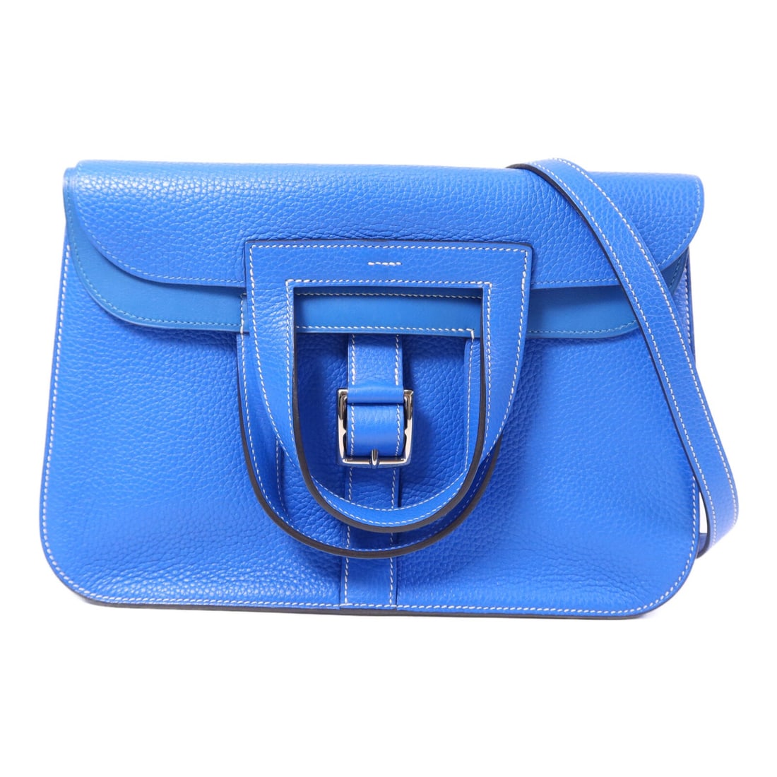 Halzan 31 Blue Clemence Leather Shoulder Bag by Hermes: Halzan 31 Blue Clemence Leather Shoulder Bag by Hermes This Hermes Halzan 31 is a versatile 2-way shoulder handbag crafted from Clemence calfskin leather in Bleu Hydra. It features a regular size and