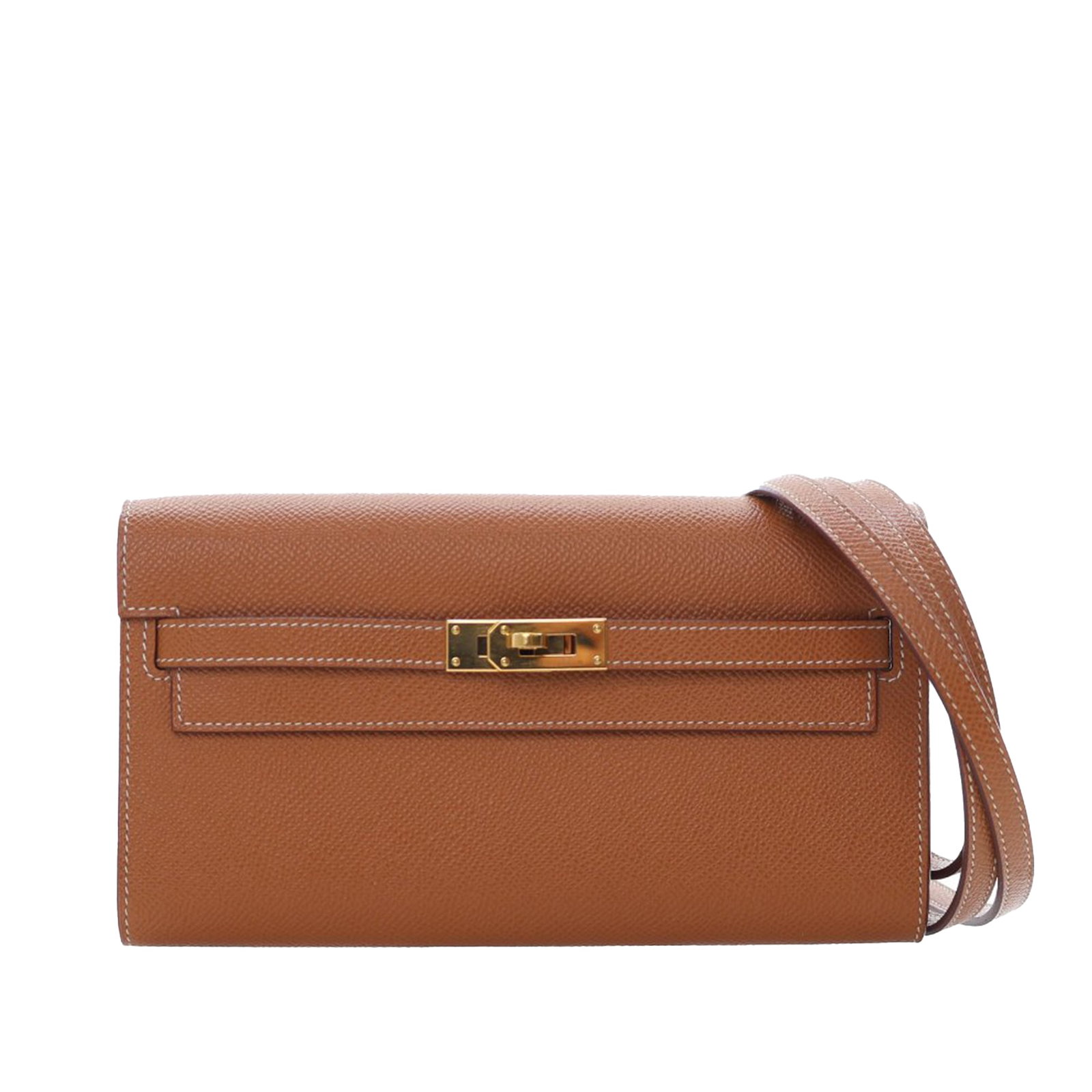 Gold Epsom Leather Kelly To Go Crossbody Wallet by Hermes: Gold Epsom Leather Kelly To Go Crossbody Wallet by Hermes The Hermes Epsom Kelly To Go Wallet is crafted from Epsom leather in a gold tone brown color. This crossbody wallet features a detachable flat
