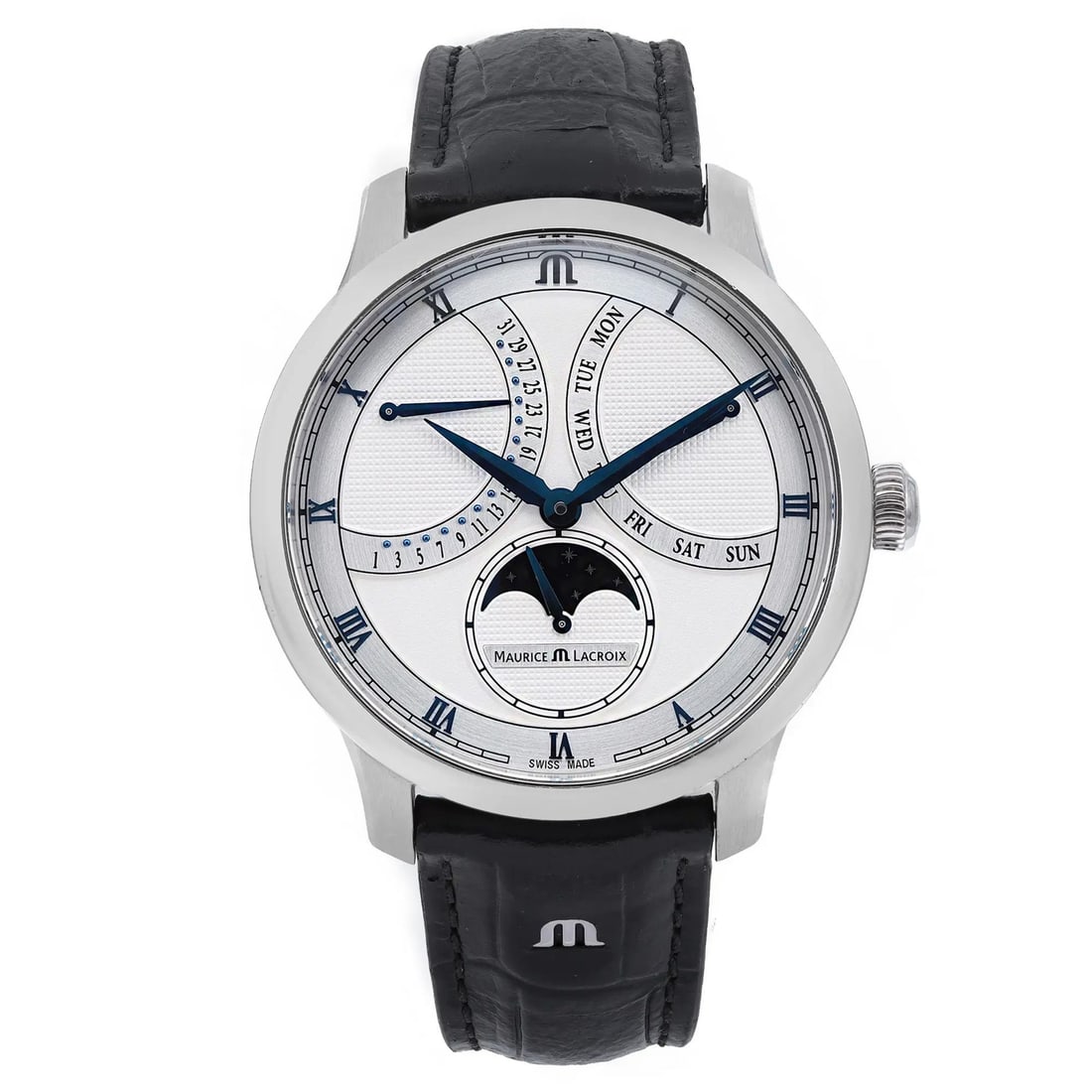 Maurice Lacroix Masterpiece Moonphase Steel Watch MP6608-SS001-110-1 Silver Dial: Maurice Lacroix Masterpiece Moonphase Steel Watch MP6608-SS001-110-1 Silver Dial This Maurice Lacroix Masterpiece Moonphase wristwatch combines elegance and functionality, perfect for casual wear. The