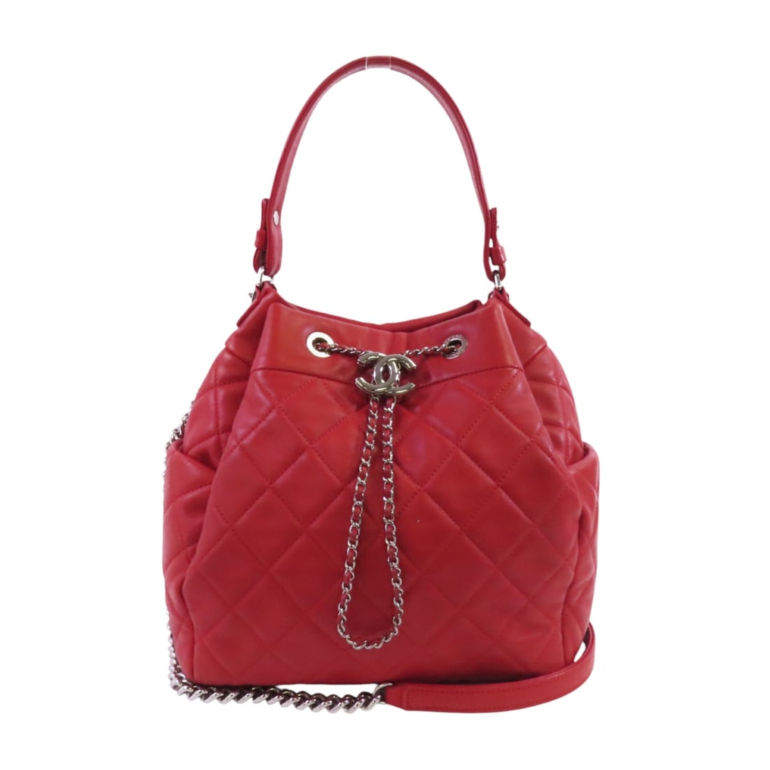 Red Lambskin 2-Way Bucket Shoulder Bag by CHANEL with Silver CC Hardware: Red Lambskin 2-Way Bucket Shoulder Bag by CHANEL with Silver CC Hardware This CHANEL 2-way shoulder bucket bag is crafted from luxurious lambskin leather in a vibrant red hue. Made in France, it featu