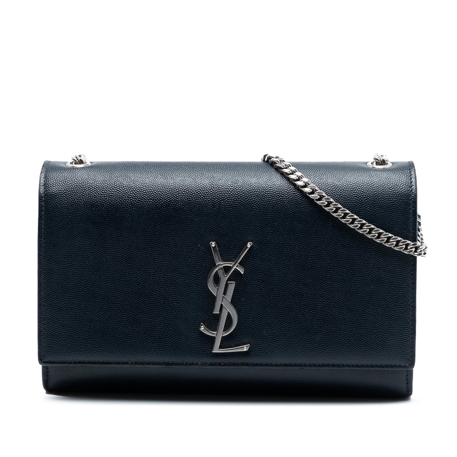 Blue Leather Kate Crossbody Bag Medium Monogram by Saint Laurent: Blue Leather Kate Crossbody Bag Medium Monogram by Saint Laurent This Saint Laurent Medium Grain De Poudre Monogram Kate Crossbody features a blue leather body with a signature metal YSL logo on the f