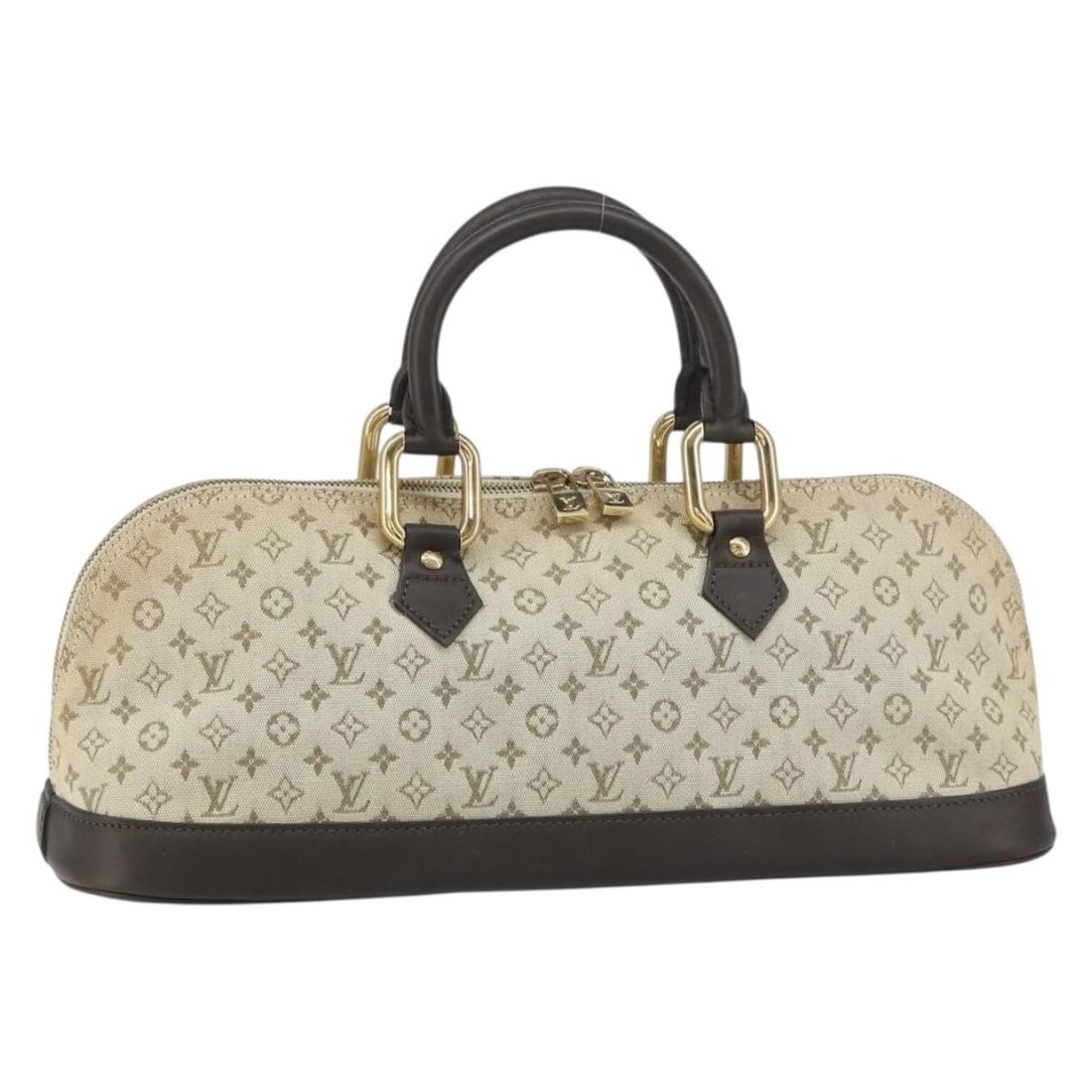 Louis Vuitton Alma Mini Lin Khaki Canvas Handbag: Louis Vuitton Alma Mini Lin Khaki Canvas Handbag This Louis Vuitton Alma handbag in Mini Lin canvas features a khaki color and is designed for women. The bag shows signs of use, including surface defo