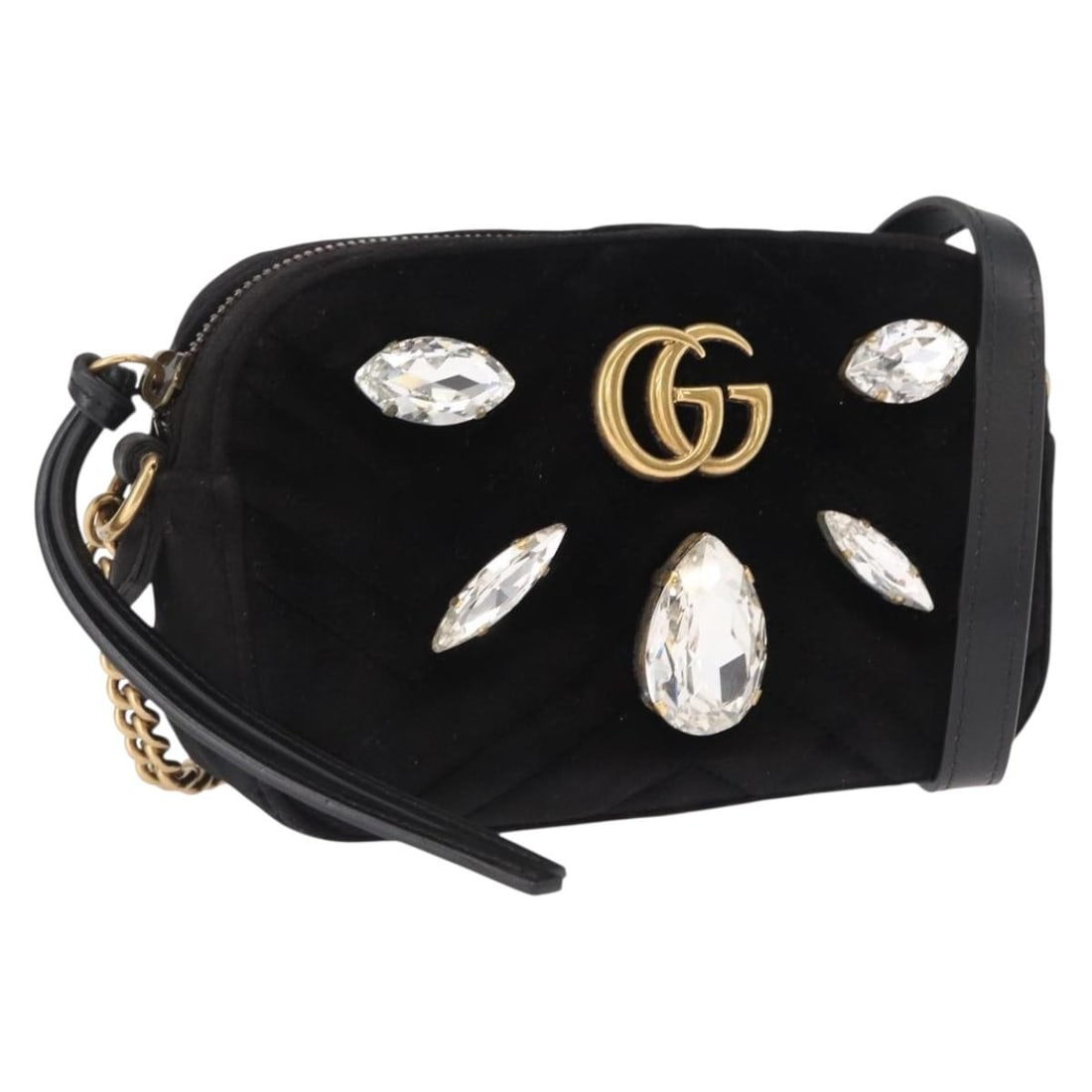 Gucci Black Suede GG Marmont Mini Shoulder Camera Chain Bag 448065: Gucci Black Suede GG Marmont Mini Shoulder Camera Chain Bag 448065 This is a Gucci GG Marmont Mini Camera Chain Bag in black and gold suede. The bag features a shoulder strap with a drop of approximat