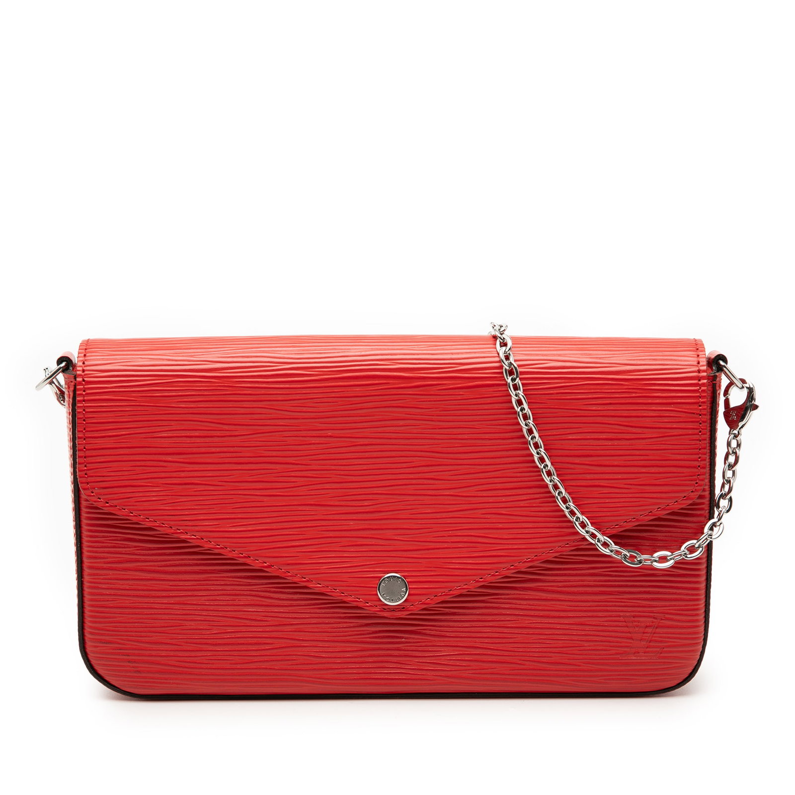 Red Epi Leather Pochette Felicie Bag with Chain by Louis Vuitton: Red Epi Leather Pochette Felicie Bag with Chain by Louis Vuitton The Louis Vuitton Epi Pochette Felicie is crafted from epi leather in a striking red hue. It features a detachable chain link strap, a