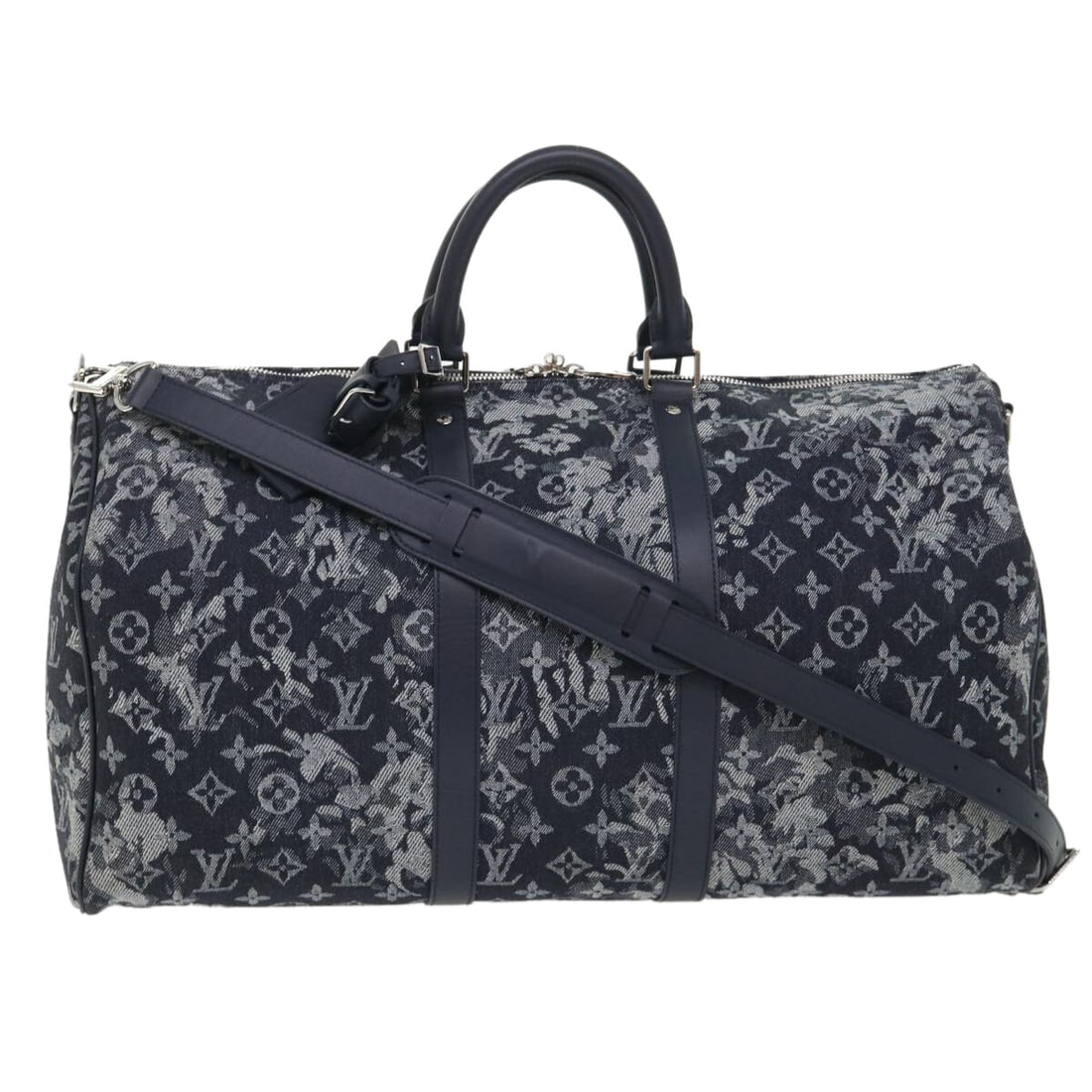 Louis Vuitton Keepall Bandouliere Navy Canvas Travel Bag 50cm: Louis Vuitton Keepall Bandouliere Navy Canvas Travel Bag 50cm The Louis Vuitton Keepall Bandouliere is a unisex travel bag crafted from navy monogram tapestry canvas. It features a spacious interior w