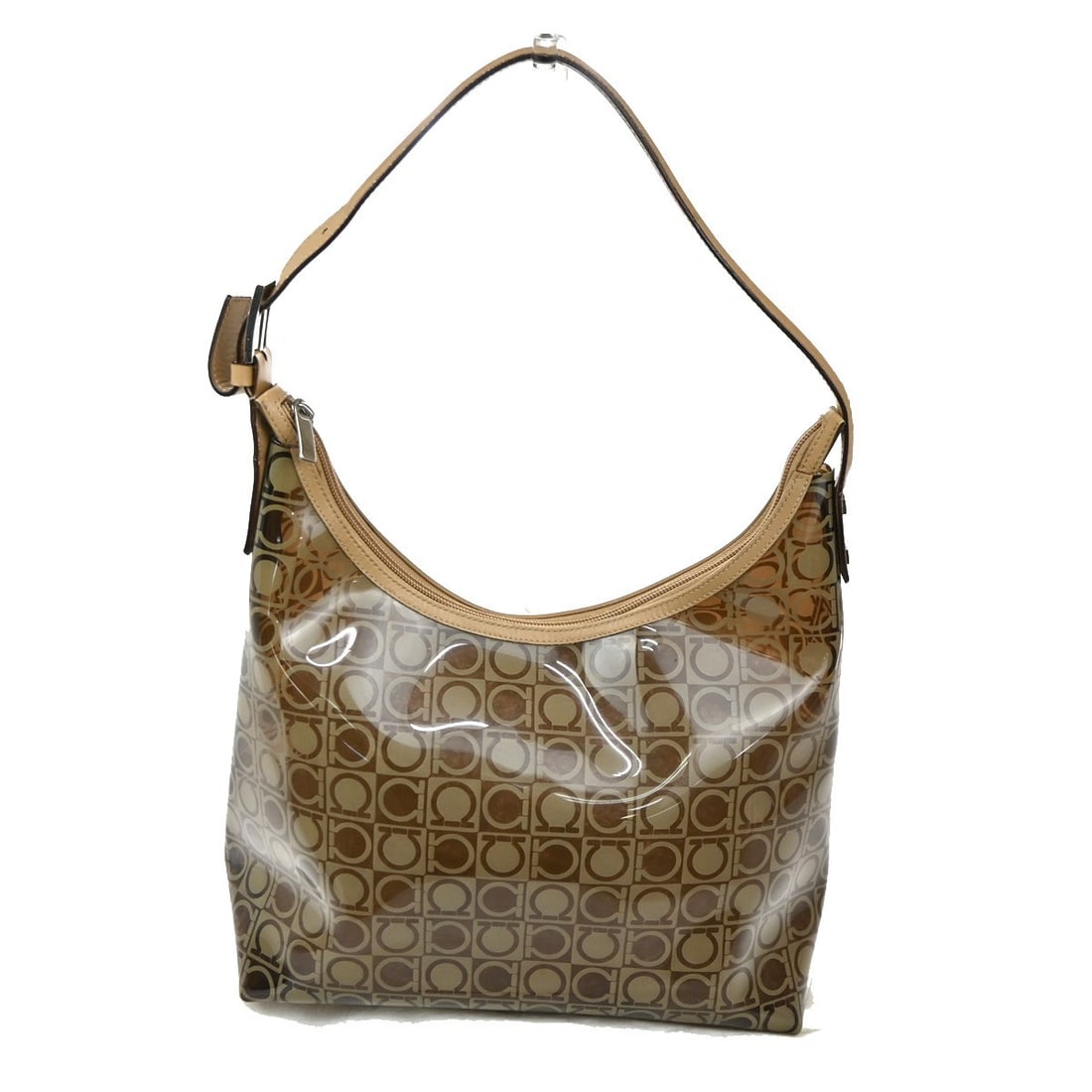 Brown Plastic Gancini Shoulder Bag by Salvatore Ferragamo 30x20x15cm: Brown Plastic Gancini Shoulder Bag by Salvatore Ferragamo 30x20x15cm This Salvatore Ferragamo Gancini shoulder bag is crafted from brown plastic with a distinctive design. It features a 30cm x 20cm x