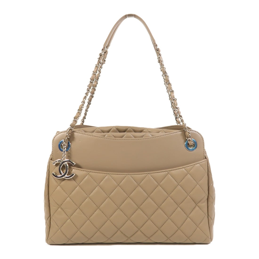 CHANEL Shoulder Bag Lambskin Leather Gray Chain SHW: CHANEL Shoulder Bag Lambskin Leather Gray Chain SHW Introducing a sophisticated CHANEL shoulder bag crafted from luxurious lambskin leather in a stunning taupe hue. This bag features a classic design