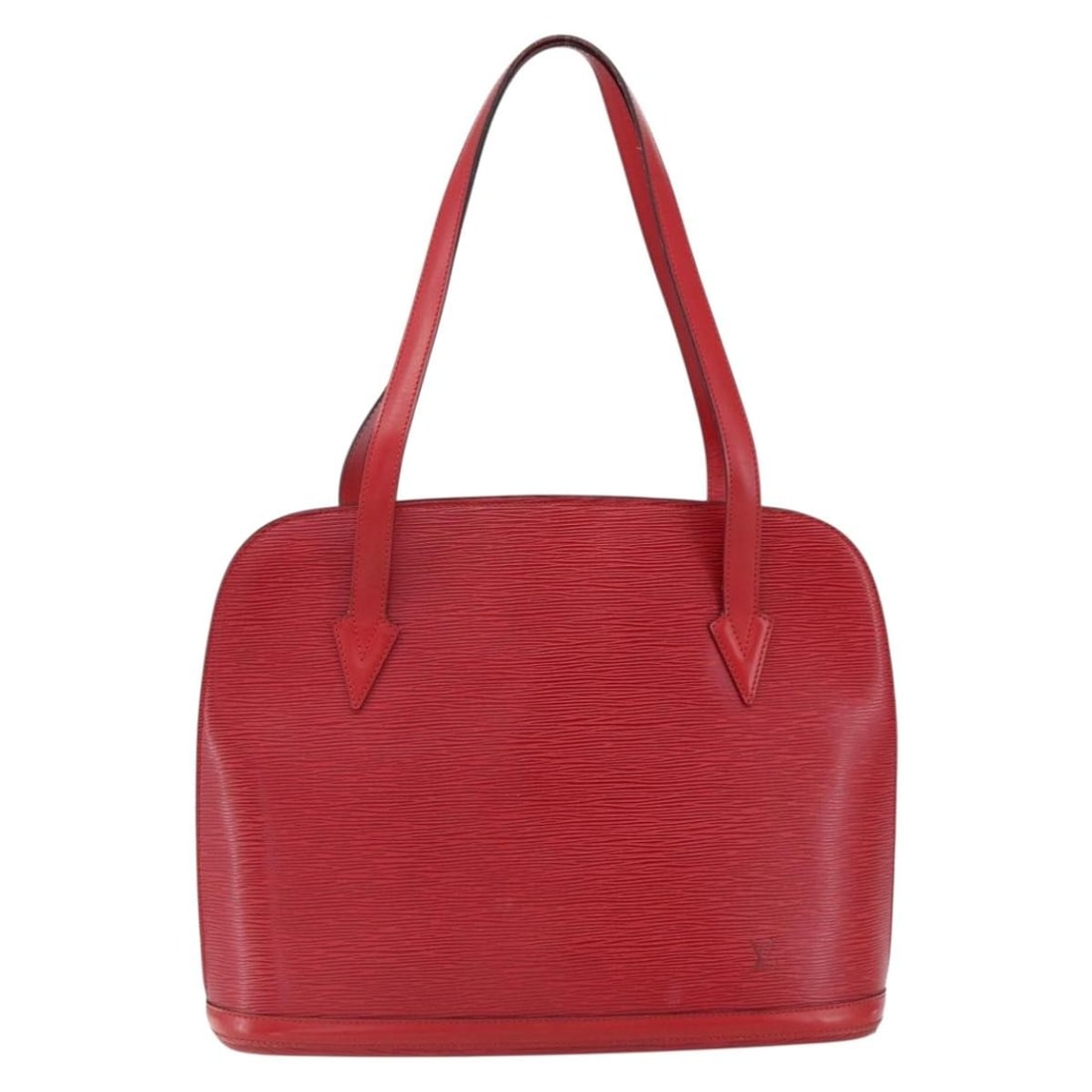 Red Epi Leather Lussac Tote by Louis Vuitton France: Red Epi Leather Lussac Tote by Louis Vuitton France This Louis Vuitton Lussac handbag is crafted from red Epi leather and designed for women. The bag features surface rubbing, a slight loss of shape,