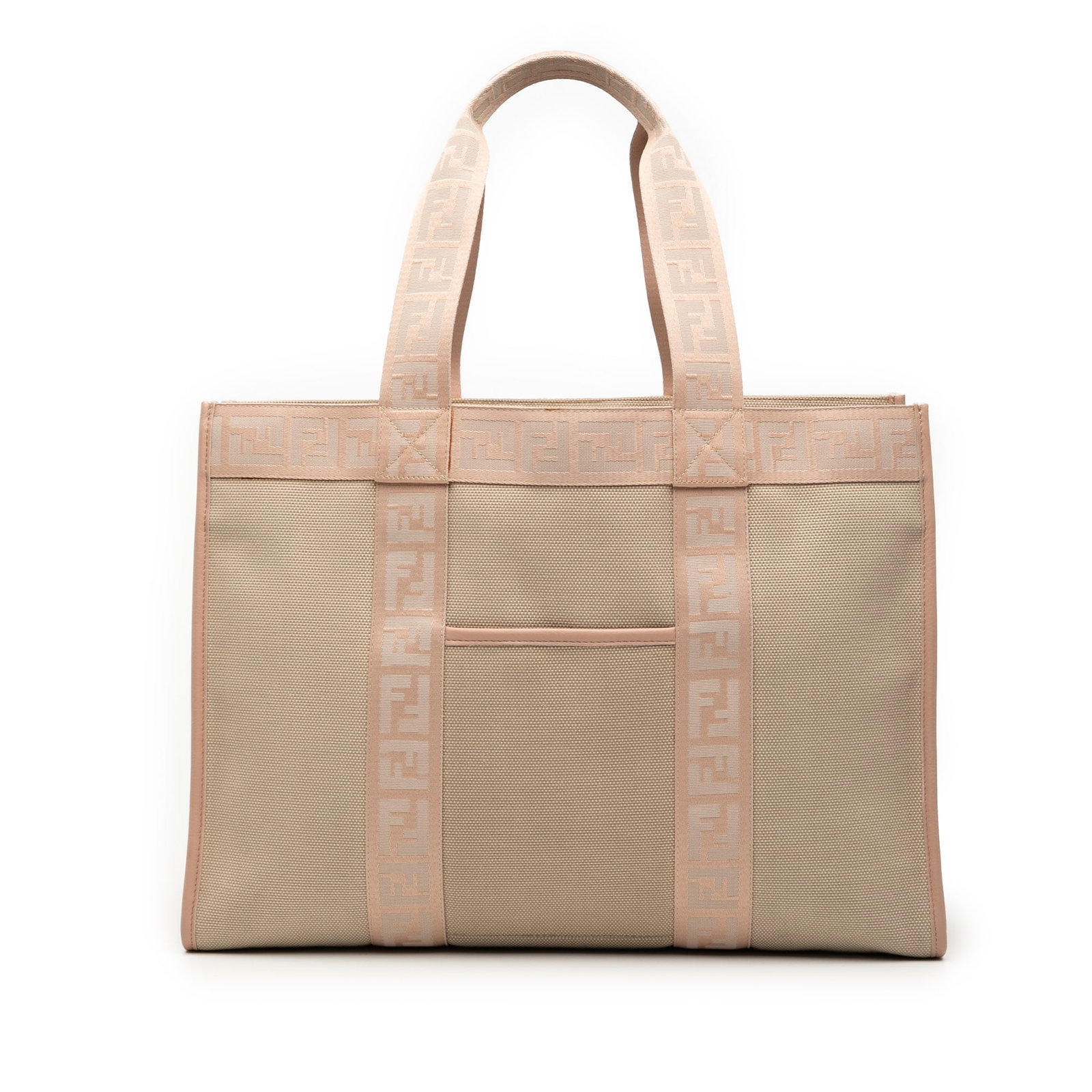 Fendi Zucca Beige Canvas Tote Bag with Magnetic Snap Closure: Fendi Zucca Beige Canvas Tote Bag with Magnetic Snap Closure This Fendi Zucca Trimmed Canvas Tote features a beige canvas body with flat canvas handles, an open top secured by a magnetic snap closure,