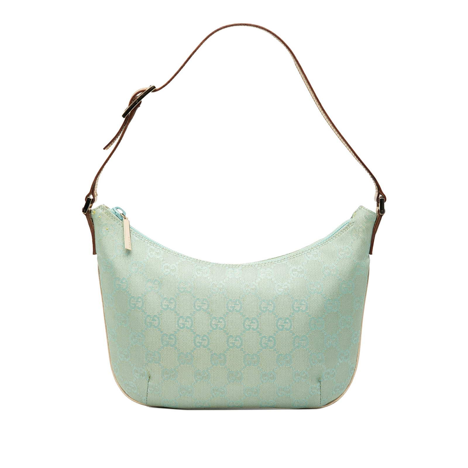 Gucci GG Canvas Blue Shoulder Bag with Leather Strap: Gucci GG Canvas Blue Shoulder Bag with Leather Strap This Gucci GG Canvas Shoulder Bag features a canvas body with a flat leather strap and a top zip closure. The bag is finished in blue fabric and or