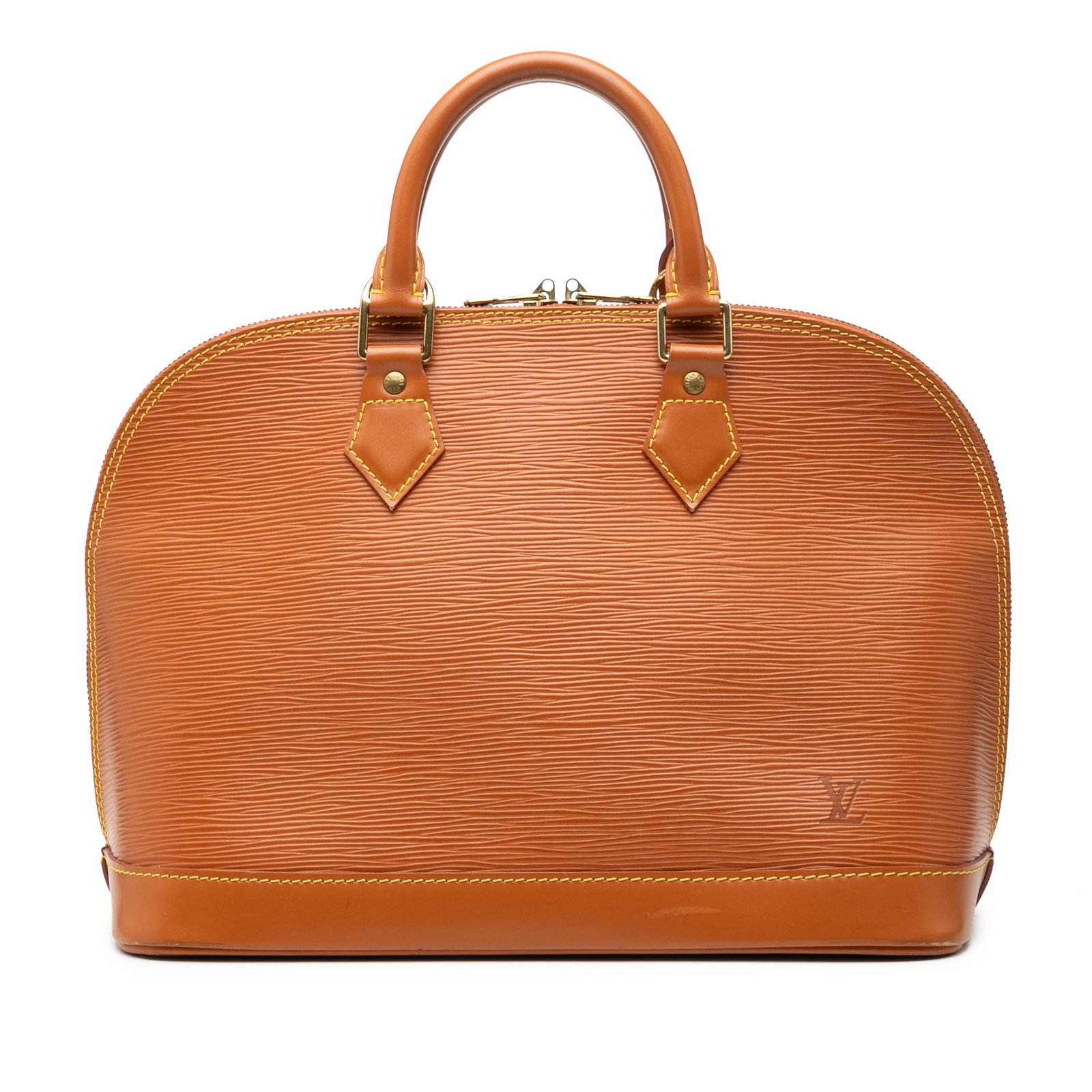 Epi Alma PM Top Handle Bag in Brown Leather by Louis Vuitton: Epi Alma PM Top Handle Bag in Brown Leather by Louis Vuitton The Louis Vuitton Epi Alma PM features a durable epi leather exterior in brown with rolled leather handles and a top zip closure. The bag i