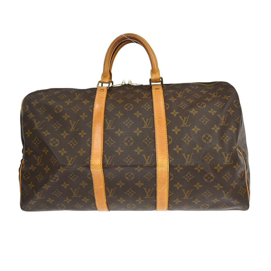 Keepall Monogram Canvas Travel Duffel by Louis Vuitton: Keepall Monogram Canvas Travel Duffel by Louis Vuitton This is a Louis Vuitton Keepall bag crafted from the brand's iconic brown monogram canvas. Designed as a unisex travel bag, it features leather a
