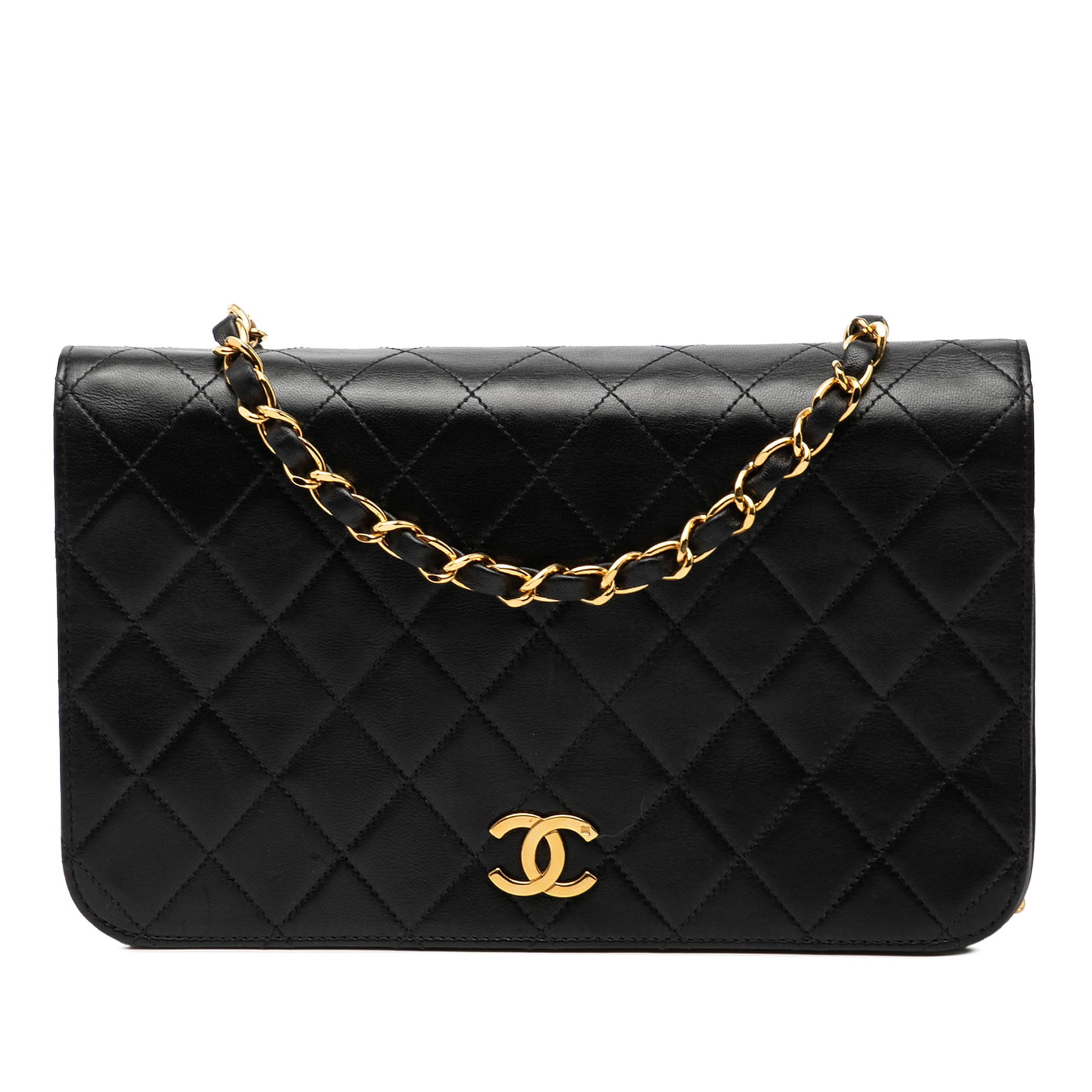 Chanel CC Black Quilted Lambskin Crossbody Bag with Flap: Chanel CC Black Quilted Lambskin Crossbody Bag with Flap This Chanel CC Quilted Lambskin Full Single Flap crossbody bag features a quilted lambskin leather body in black, a leather-woven chain strap,