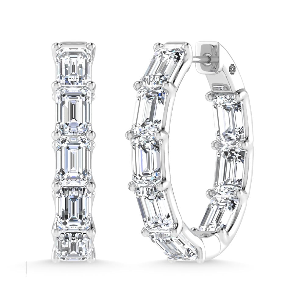14K White Gold 8 Ct.Tw. Lab Grown Diamond Vertical Emerald Shape In and Out Hoop Earrings: 14K White Gold 8 Ct.Tw. Lab Grown Diamond Vertical Emerald Shape In and Out Hoop Earrings Statement 14K white gold hoops featuring 8 Ct.Tw. lab-grown diamonds in vertical emerald shape. 14k White Gold