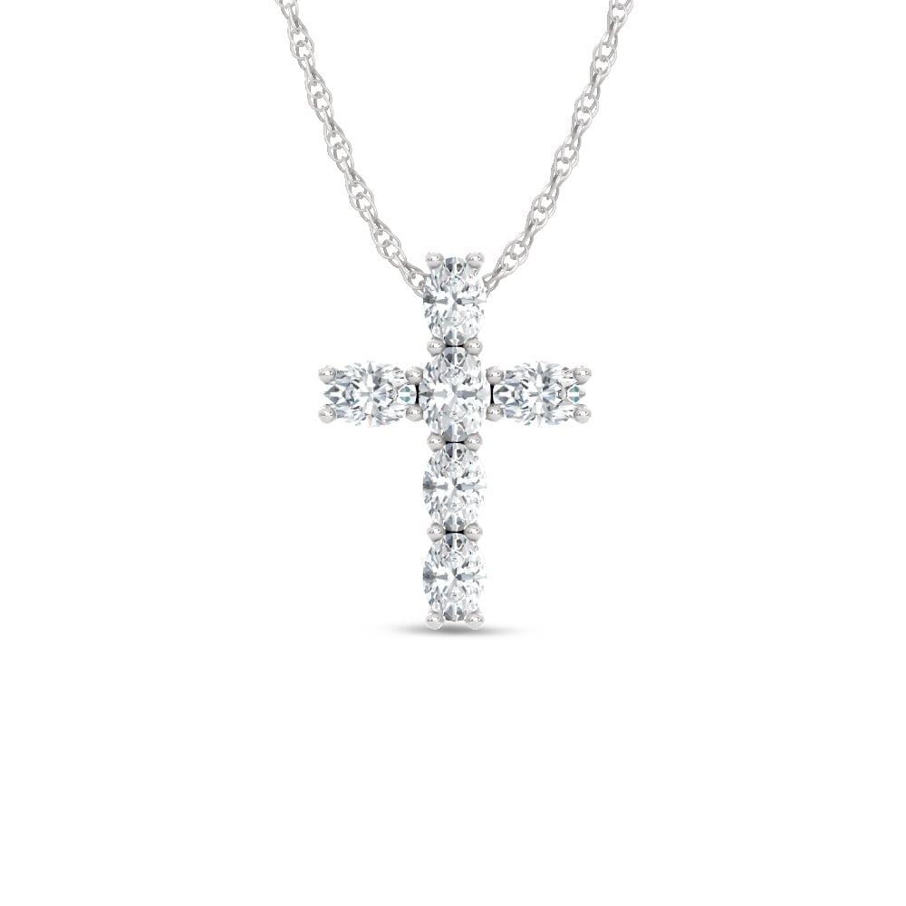 14K White Gold Lab Grown Oval Shape Diamond 1 Ct.Tw. Cross Pendant: 14K White Gold Lab Grown Oval Shape Diamond 1 Ct.Tw. Cross Pendant Polished 14K white gold frames oval-shaped lab-grown diamonds totaling 1 carat total weight in this elegant cross pendant. 14k White