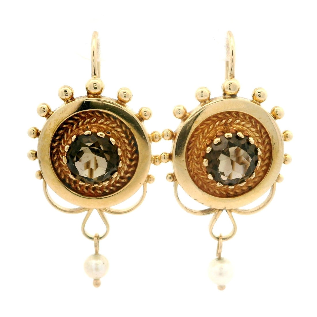 Vintage Victorian Revival 14k Yellow Gold Smoky Quartz Pearl Dangle Earrings: Vintage Victorian Revival 14k Yellow Gold Smoky Quartz Pearl Dangle Earrings Explore the elegance of these Vintage Victorian Revival Dangle Earrings featuring a stunning combination of natural smoky q