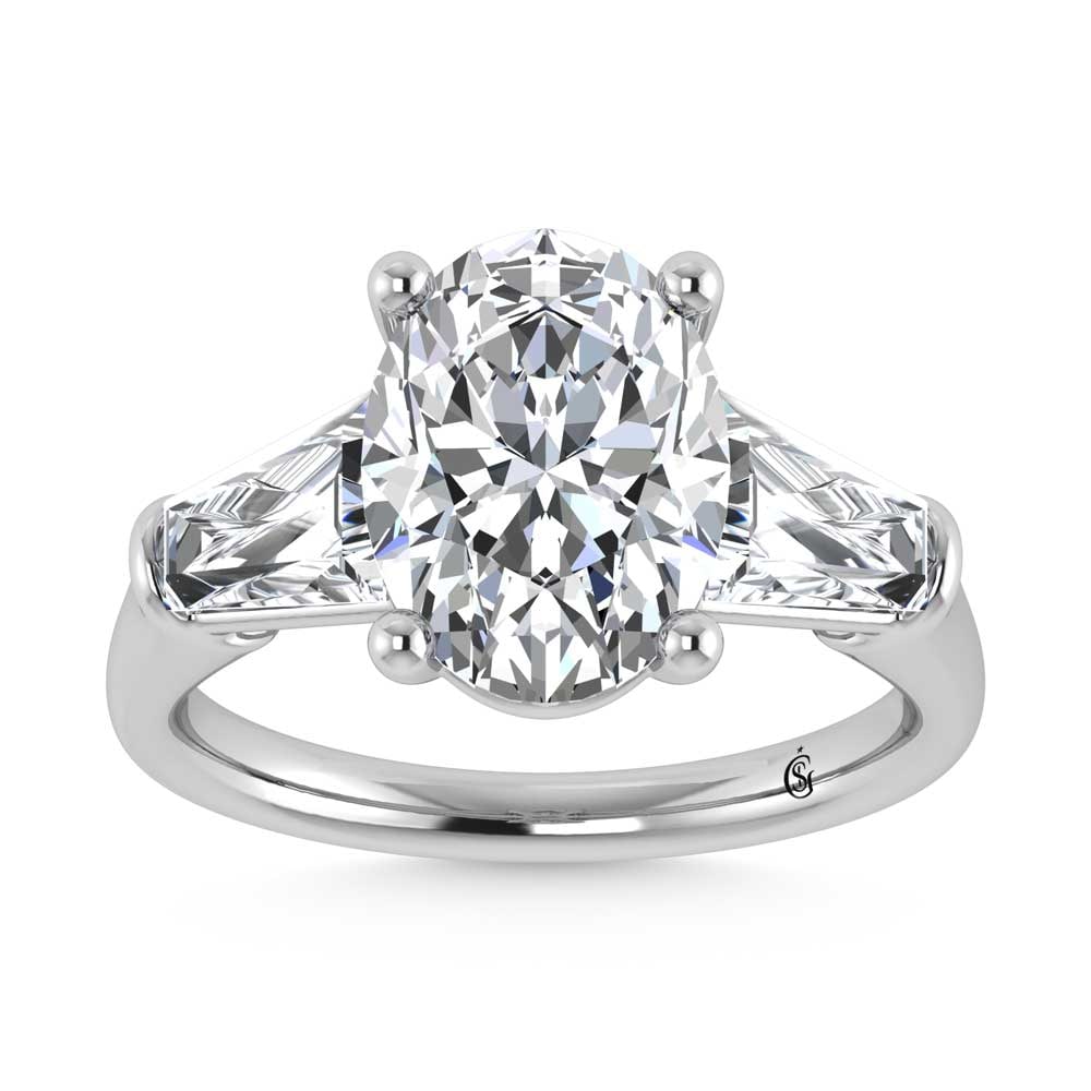 14K White Gold Lab Grown Diamond 5 1/5 Ct.Tw. Oval Shape Three Stone Engagement Ring: 14K White Gold Lab Grown Diamond 5 1/5 Ct.Tw. Oval Shape Three Stone Engagement Ring This stunning three-stone ring features a sparkling 4 CT Oval Center diamond with two shimmering side diamonds, sym