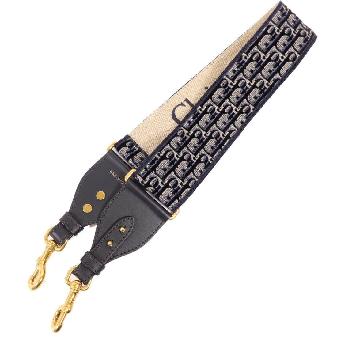 Dior Canvas Navy Beige Shoulder Strap with Gold Tone Hardware: Dior Canvas Navy Beige Shoulder Strap with Gold Tone Hardware This Christian Dior shoulder strap features a canvas construction in navy and beige tones, designed for unisex use. It is crafted in Franc