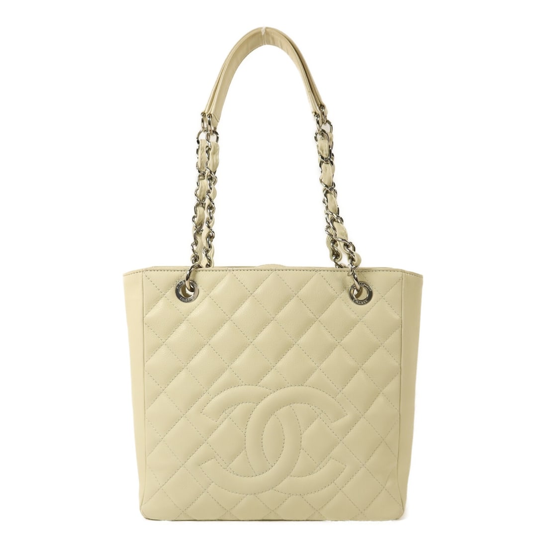Chanel PST Off-White Calfskin Petite Shopping Tote with Chain Handles: Chanel PST Off-White Calfskin Petite Shopping Tote with Chain Handles This CHANEL CC PST Petite Shopping Tote is crafted from off-white calfskin leather and features silver-tone hardware. The tote off