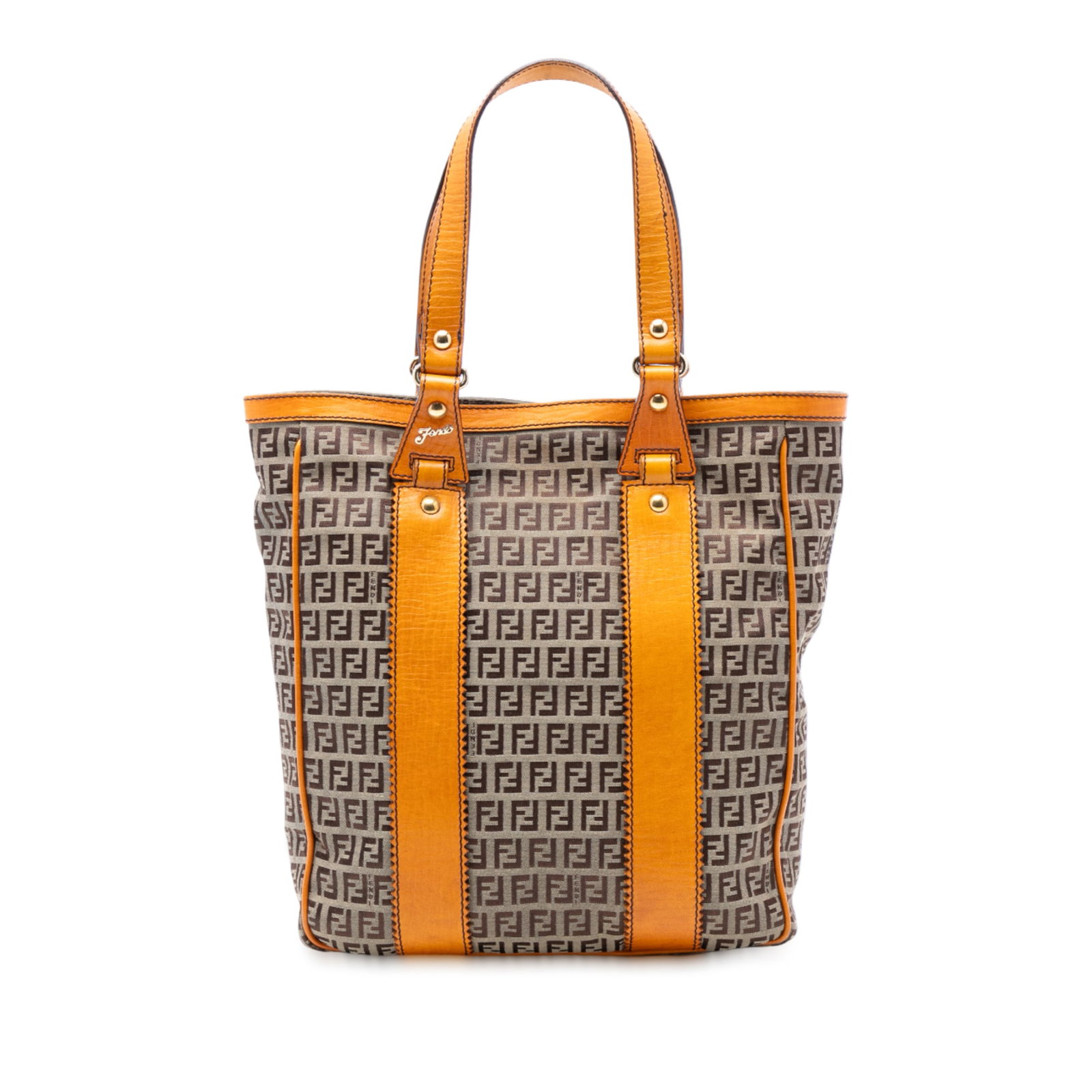 Zucchino Pattern Canvas Tote Bag with Leather Trim by Fendi: Zucchino Pattern Canvas Tote Bag with Leather Trim by Fendi This Fendi Zucchino Canvas Tote features a brown canvas body with leather trim, flat leather straps, an open top, and interior zip and slip