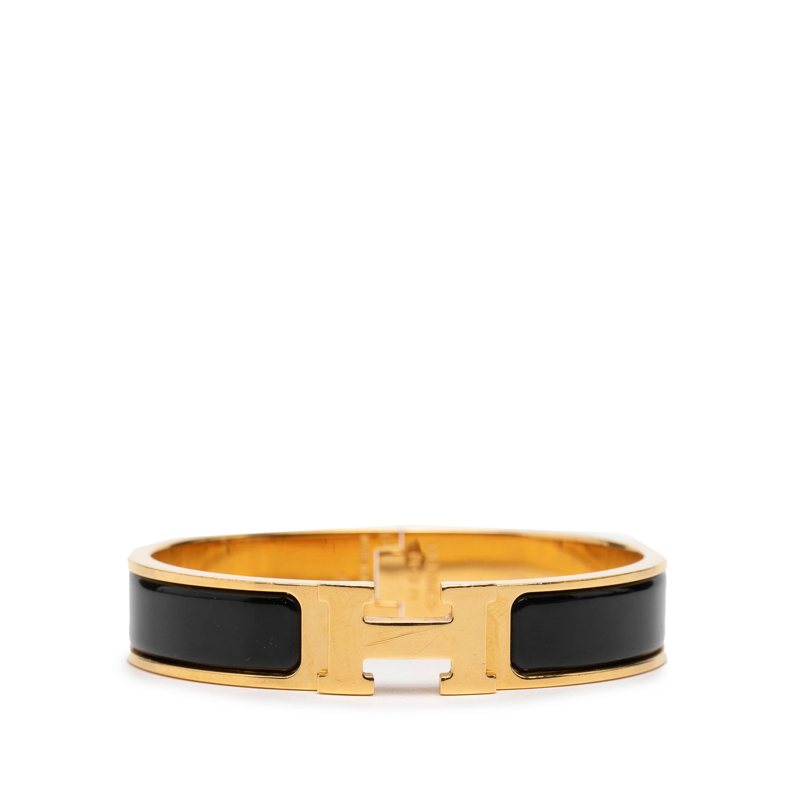 Hermes Black Enamel Clic H PM Gold Tone Narrow Bangle Bracelet (1 of 4)