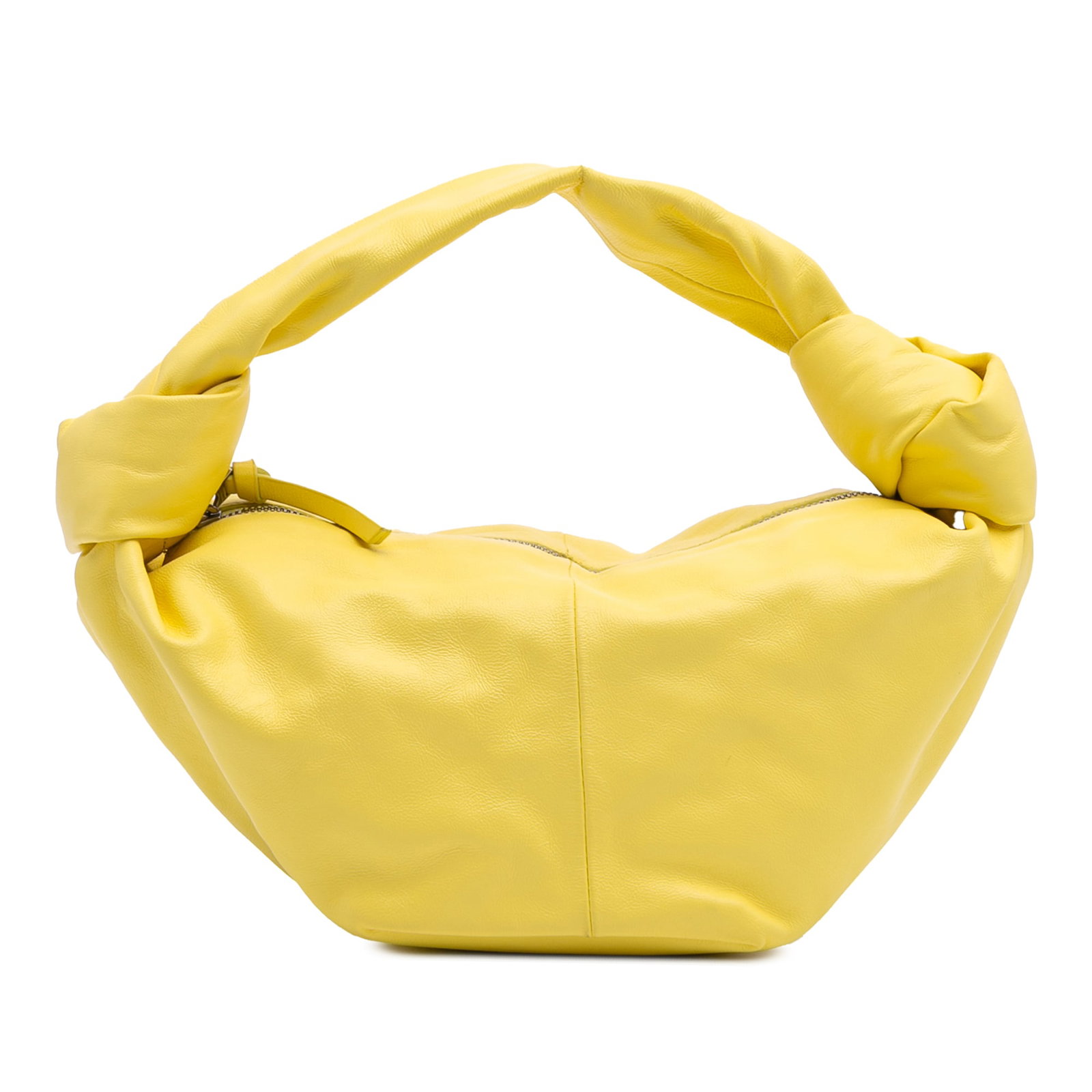 Bottega Veneta Mini Calfskin Double Knot Leather Bag Yellow: Bottega Veneta Mini Calfskin Double Knot Leather Bag Yellow This Bottega Veneta Mini Calfskin Double Knot bag showcases a stylish and compact design, perfect for adding a touch of luxury to any outfit
