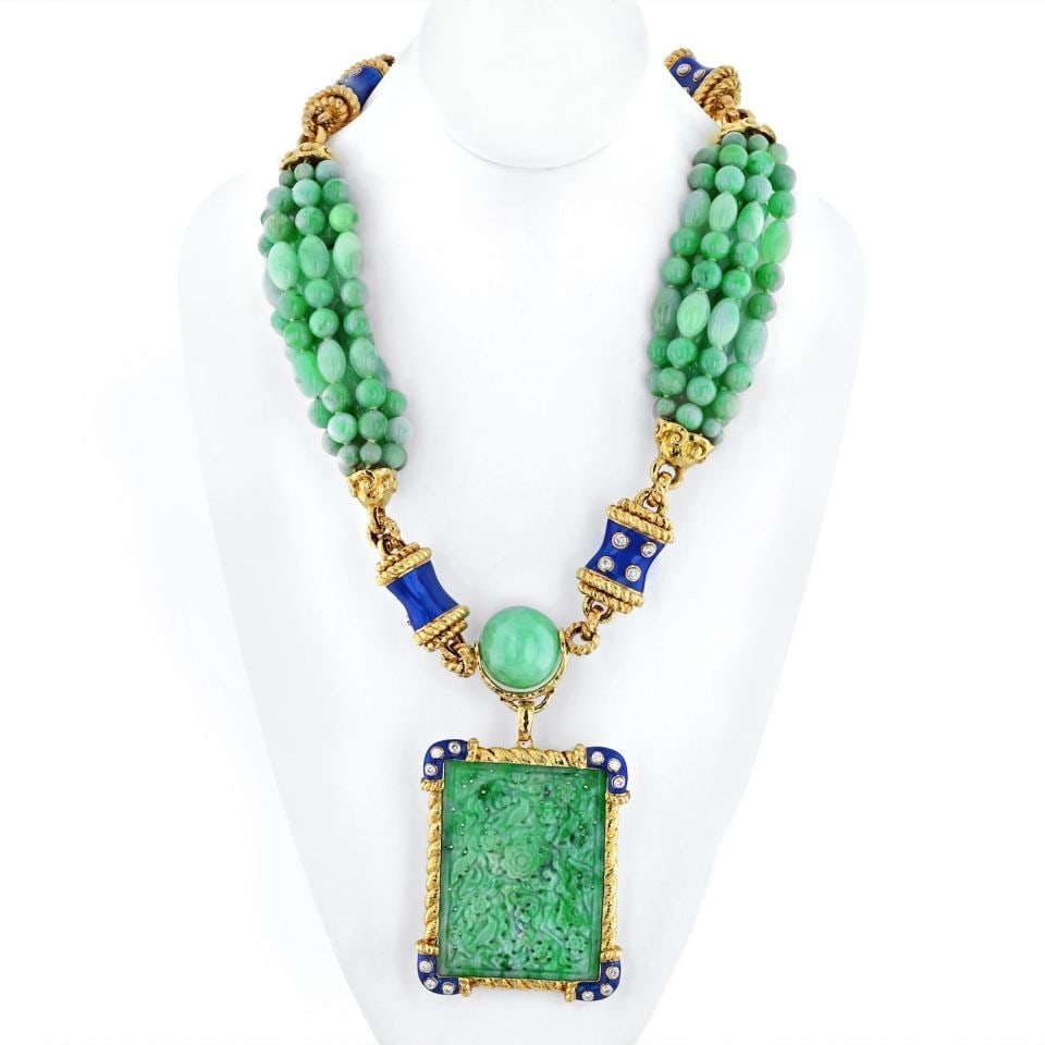 David Webb 18K Gold Platinum Jade Diamond Enamel Necklace: David Webb 18K Gold Platinum Jade Diamond Enamel Necklace This exquisite David Webb necklace showcases a stunning combination of Platinum and 18K Yellow Gold. The piece features a detachable rectangul