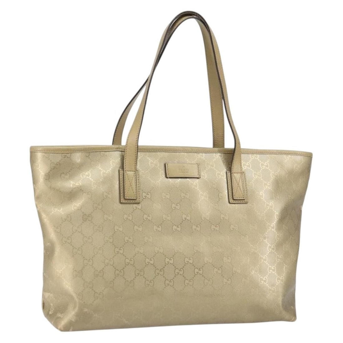 Gucci Plus PVC Tote Bag Gold 35cm by 25cm by 11cm: Gucci Plus PVC Tote Bag Gold 35cm by 25cm by 11cm This pre-owned Gucci Plus Tote for women features a gold PVC exterior with the signature GG Imprime pattern. The bag measures 35cm x 25cm x 11cm and i