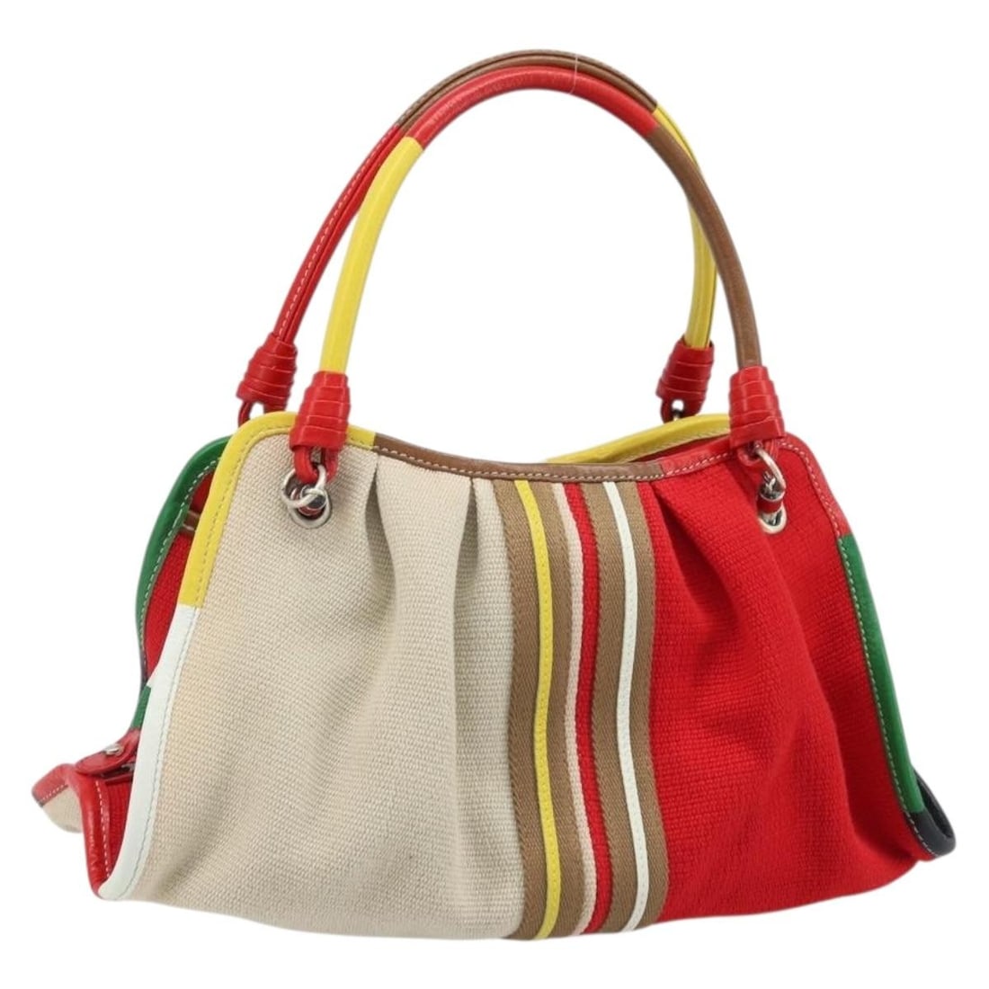 Bottega Veneta Multicolor Canvas Handbag with Silver Accents and Dust Bag: Bottega Veneta Multicolor Canvas Handbag with Silver Accents and Dust Bag This Bottega Veneta women's handbag is crafted from multicolor and silver canvas, offering a stylish and contemporary look. Th