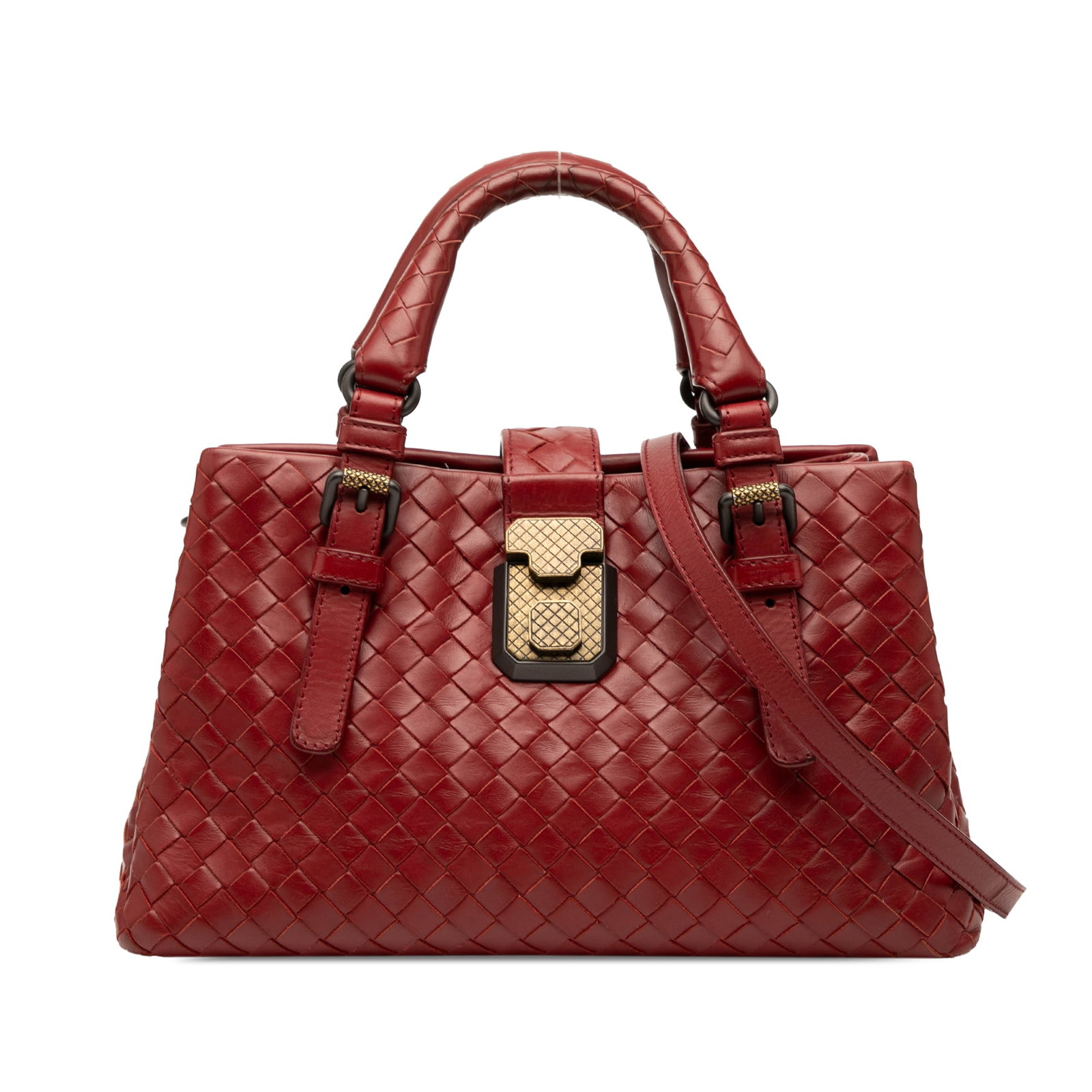 Red Mini Nappa Leather Intrecciato Roma Satchel by Bottega Veneta: Red Mini Nappa Leather Intrecciato Roma Satchel by Bottega Veneta This Bottega Veneta Mini Nappa Intrecciato Roma Satchel showcases the brand's signature woven nappa leather design in red. The bag fea