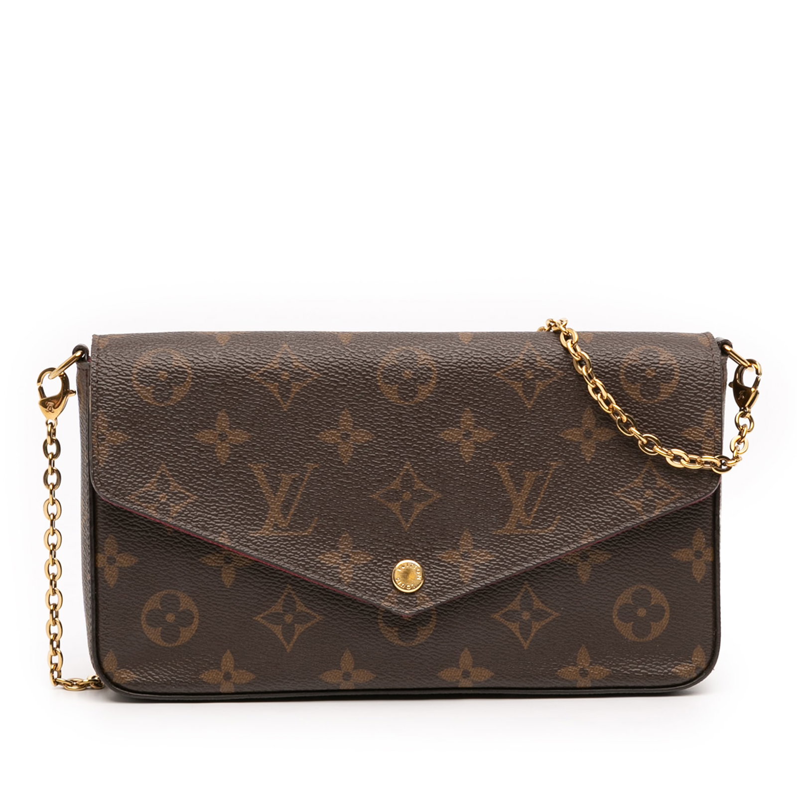 Louis Vuitton Pochette Felicie Monogram Canvas Crossbody Bag with Chain Strap: Louis Vuitton Pochette Felicie Monogram Canvas Crossbody Bag with Chain Strap The Louis Vuitton Monogram Pochette Felicie is a crossbody bag crafted from the brand's signature monogram canvas in brown